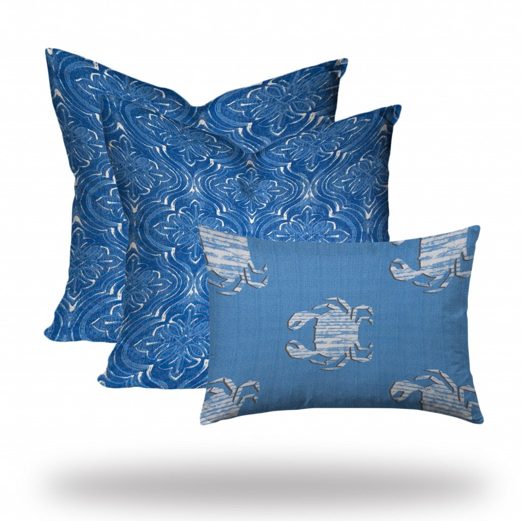 Set Of Three 20" X 20" Blue And White Enveloped Coastal Throw Indoor Outdoor Pillow