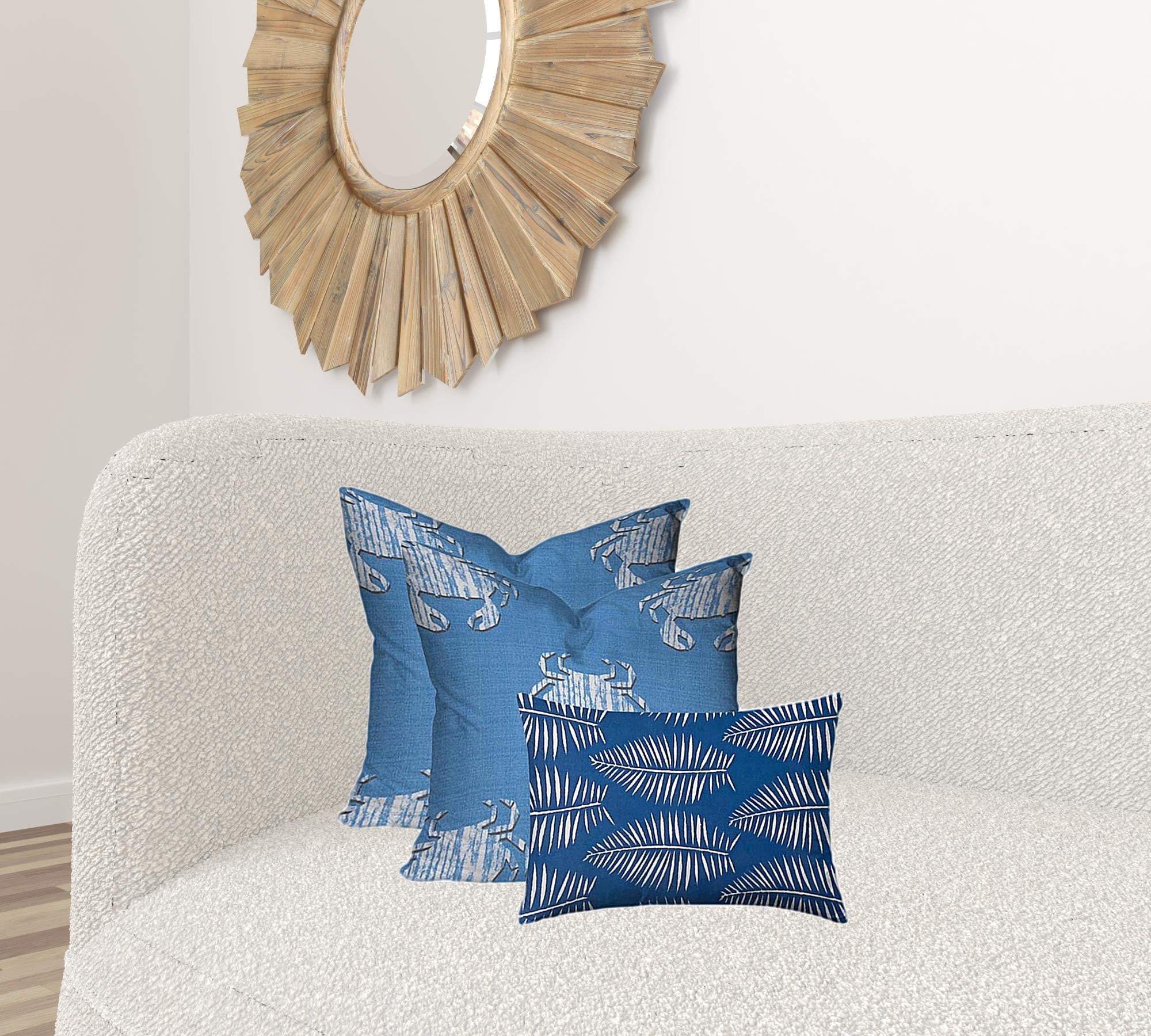 Set Of Three 20" X 20" Blue And White Crab Blown Seam Coastal Throw Indoor Outdoor Pillow