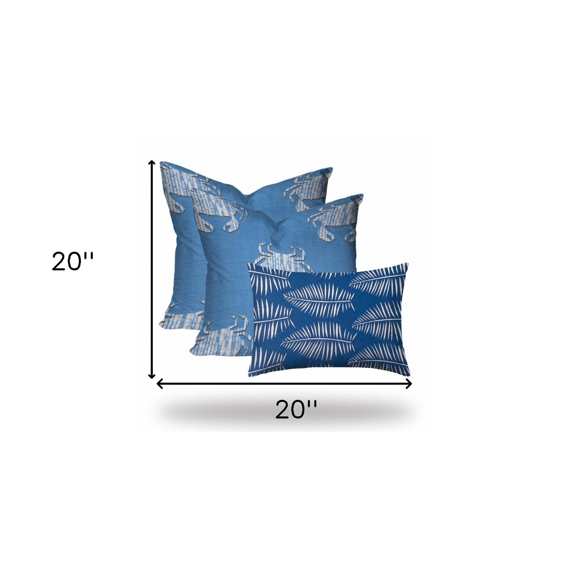 Set Of Three 20" X 20" Blue And White Crab Enveloped Coastal Throw Indoor Outdoor Pillow