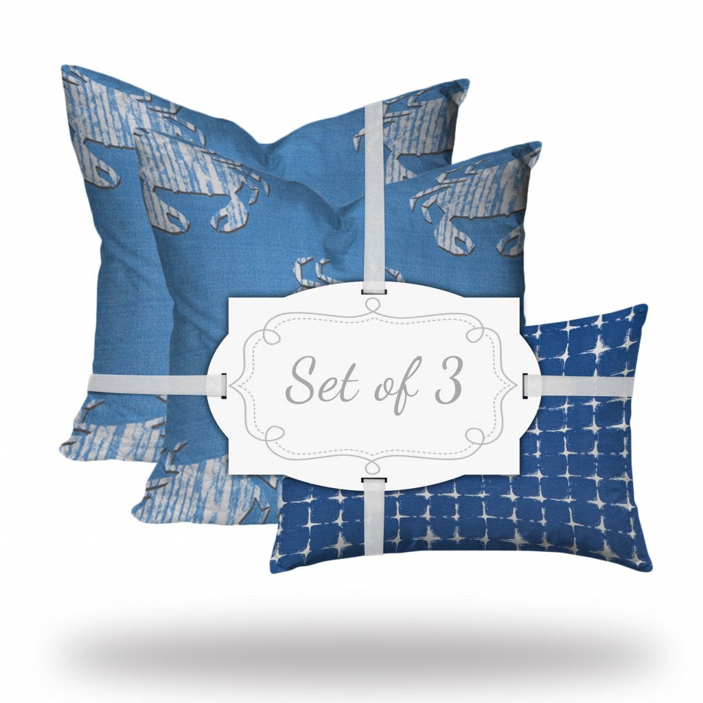 Set Of Three 20" X 20" Blue And White Crab Enveloped Coastal Throw Indoor Outdoor Pillow