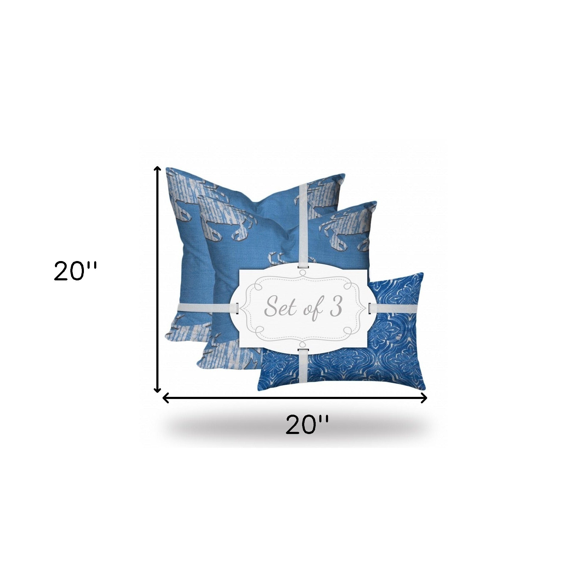 Set Of Three 20" X 20" Blue And White Crab Enveloped Coastal Throw Indoor Outdoor Pillow Cover