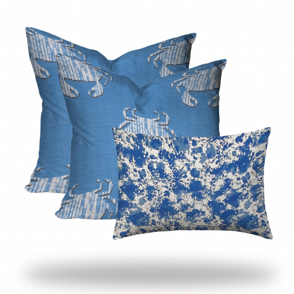 Set Of Three 20" X 20" Blue And White Crab Blown Seam Coastal Throw Indoor Outdoor Pillow