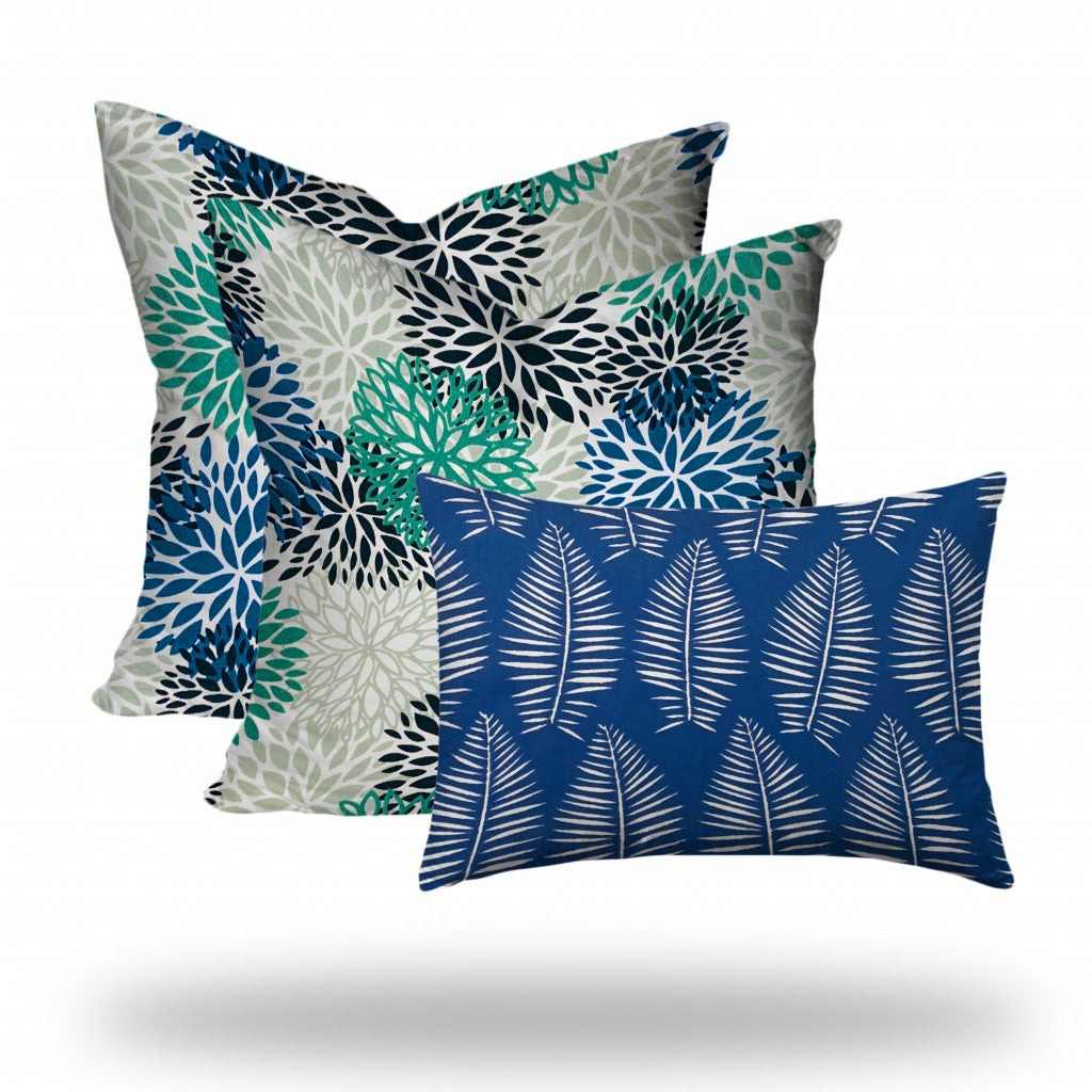 Set Of Three 20" X 20" Blue And White Blown Seam Floral Throw Indoor Outdoor Pillow