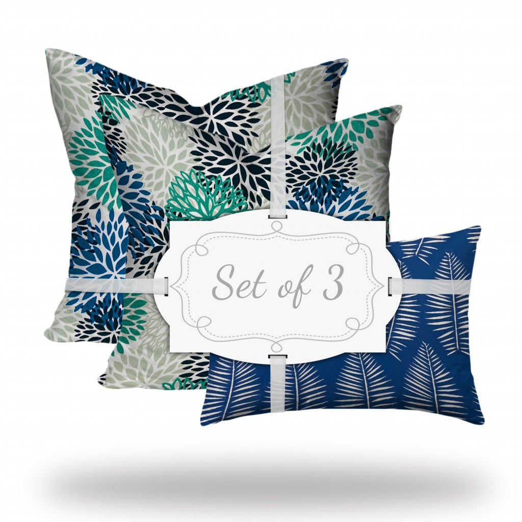 Set Of Three 20" X 20" Blue And White Blown Seam Floral Throw Indoor Outdoor Pillow