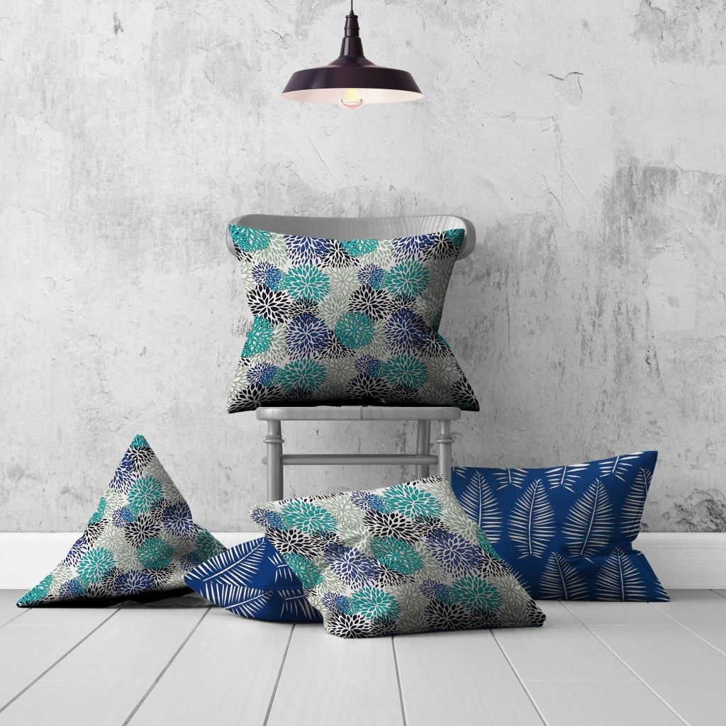 Set Of Three 20" X 20" Blue And White Blown Seam Floral Throw Indoor Outdoor Pillow