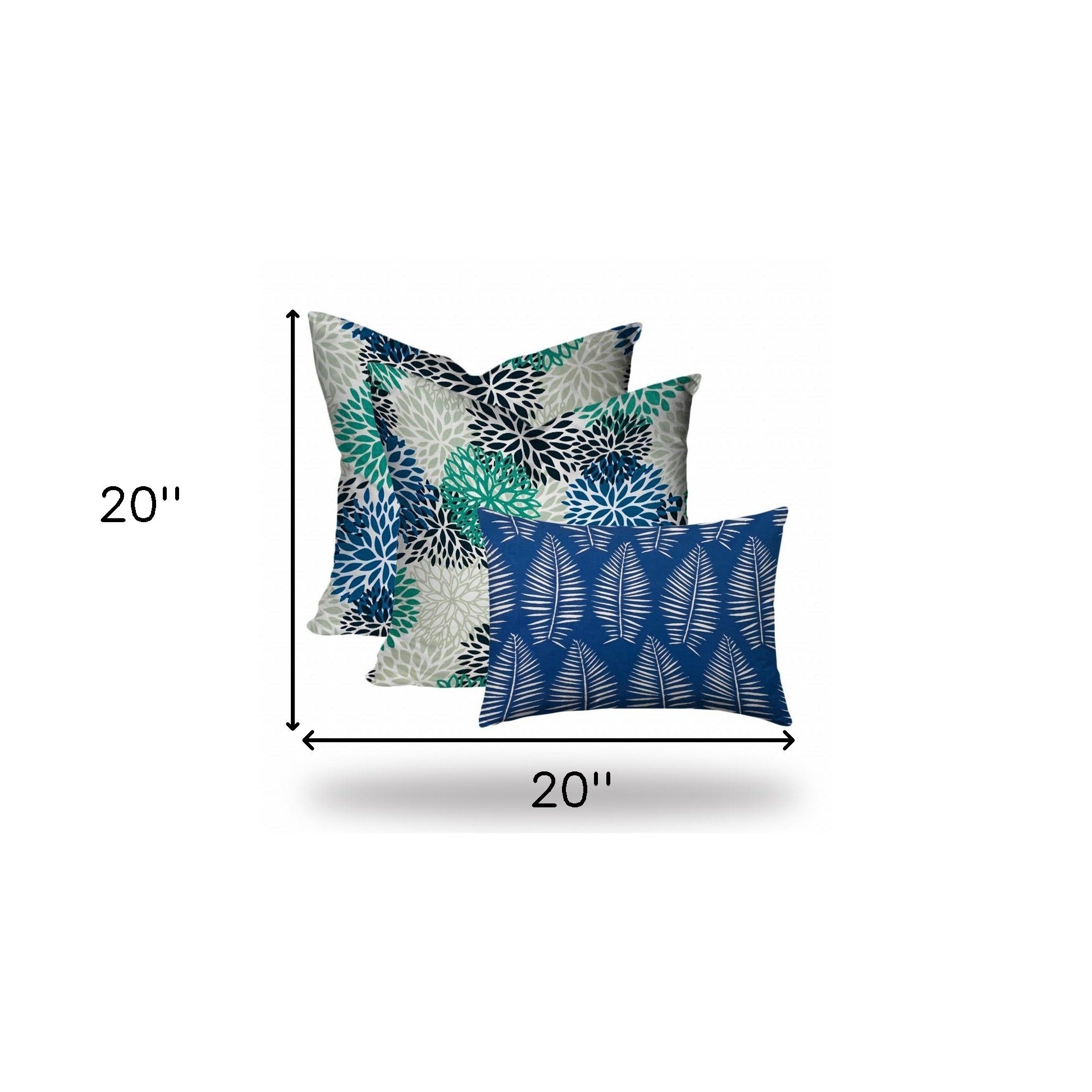 Set Of Three 20" X 20" Blue And White Blown Seam Floral Throw Indoor Outdoor Pillow