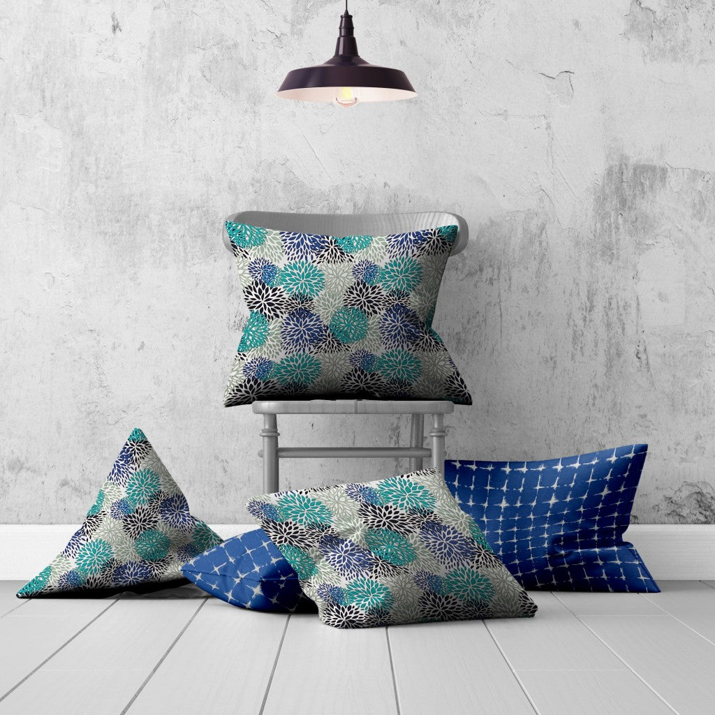 Set Of Three 20" X 20" Blue And White Blown Seam Floral Throw Indoor Outdoor Pillow