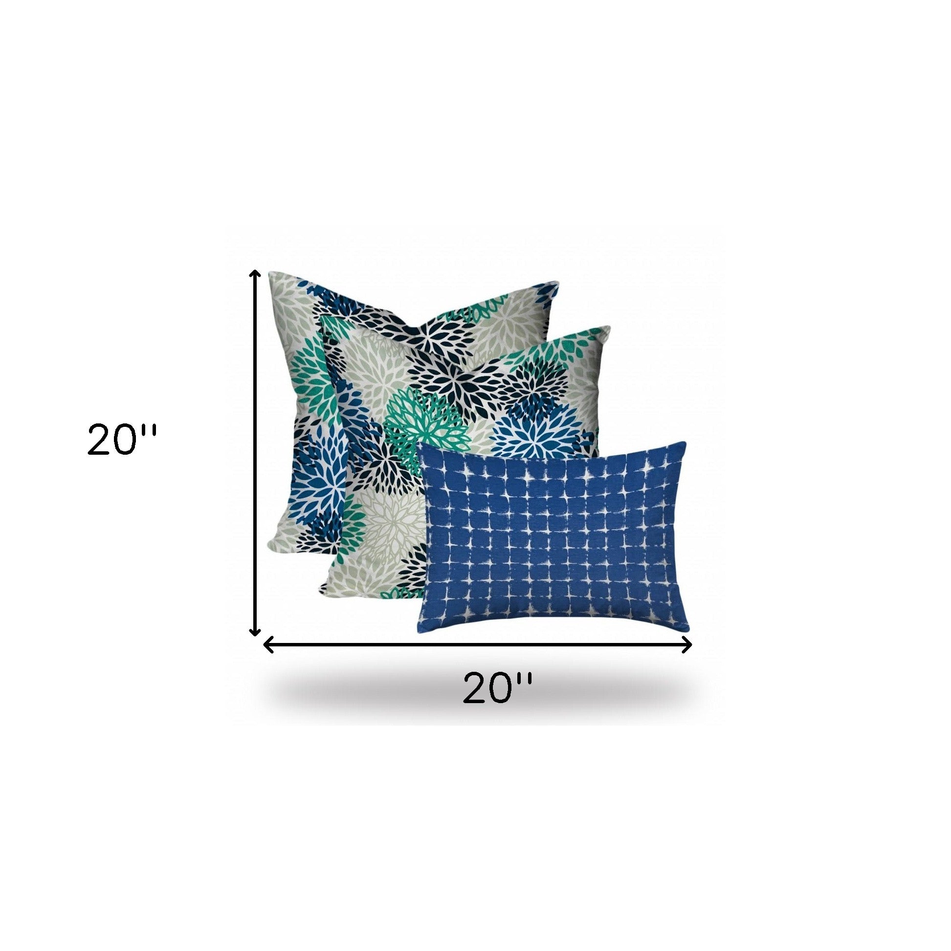 Set Of Three 20" X 20" Blue And White Blown Seam Floral Throw Indoor Outdoor Pillow