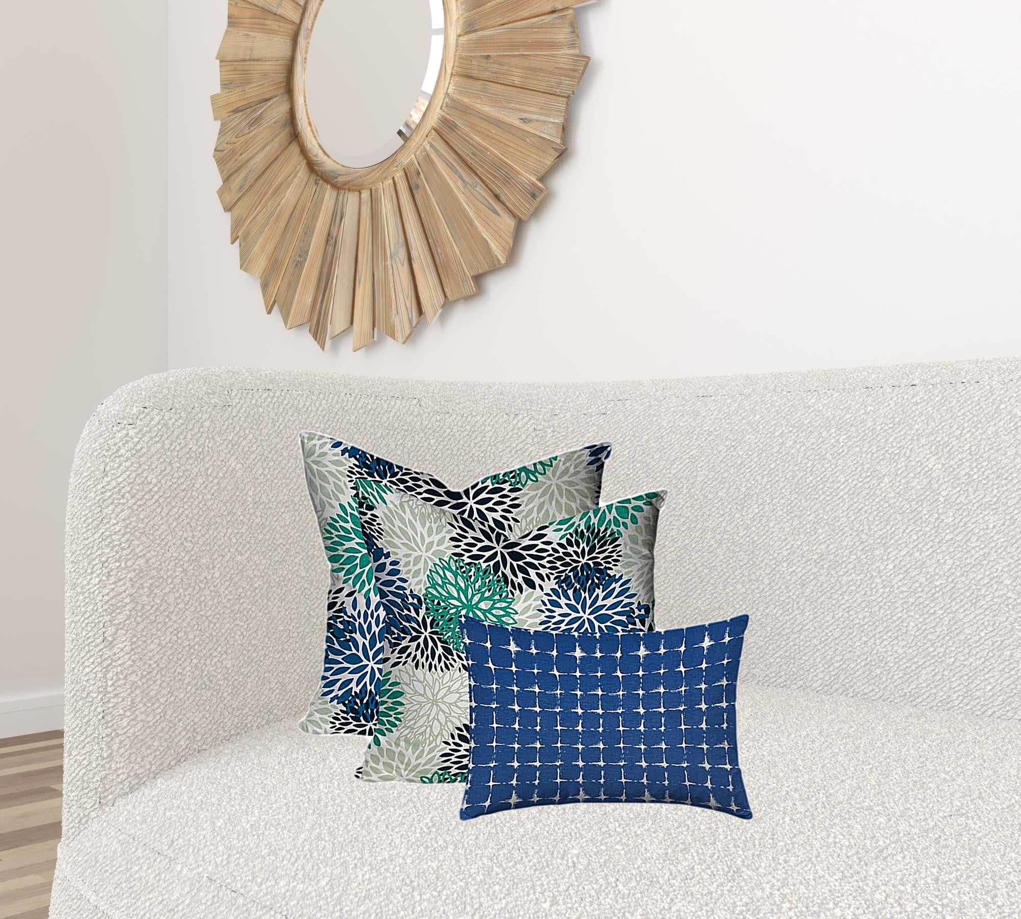 Set Of Three 20" X 20" Blue And White Blown Seam Floral Throw Indoor Outdoor Pillow