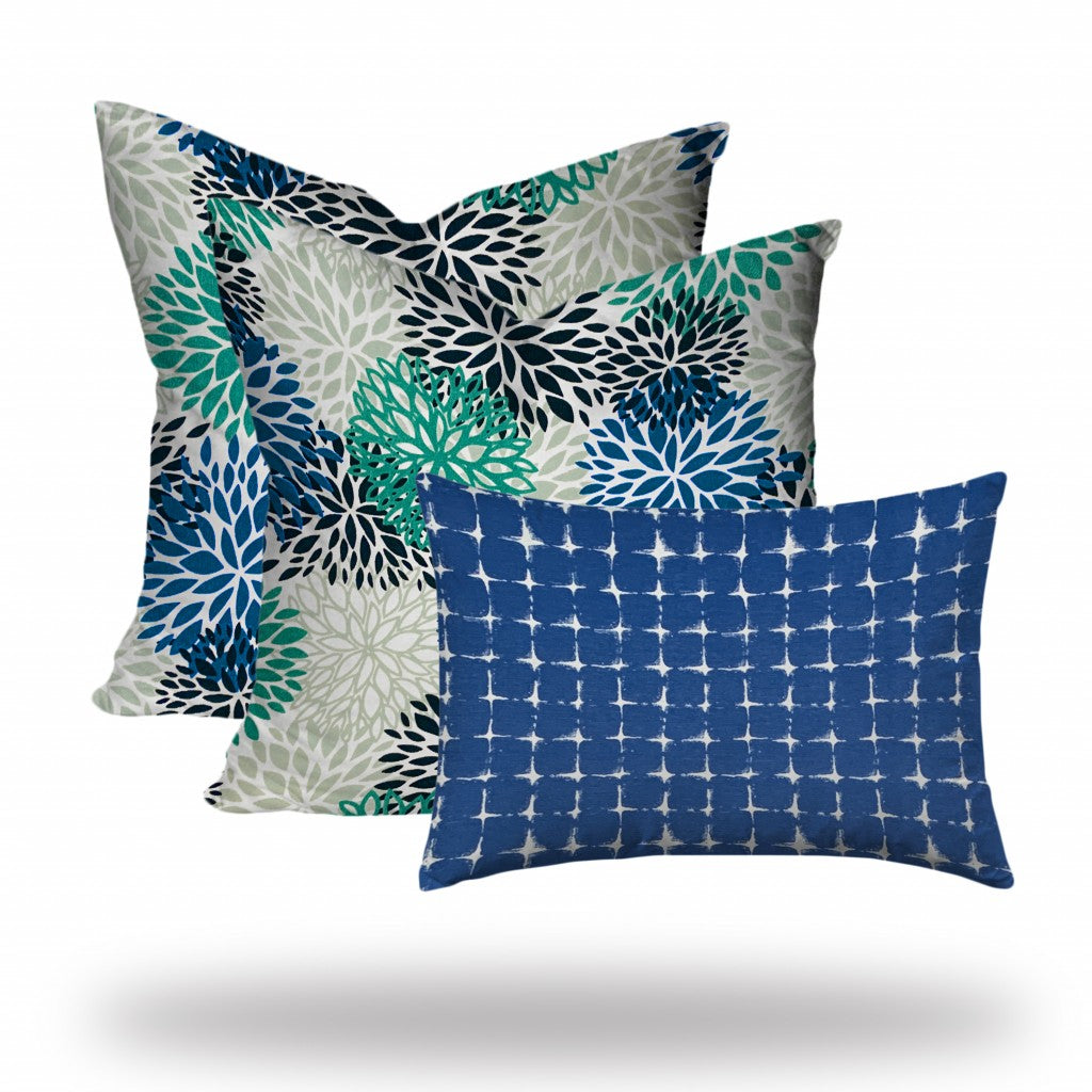 Set Of Three 20" X 20" Blue And White Enveloped Floral Throw Indoor Outdoor Pillow Cover