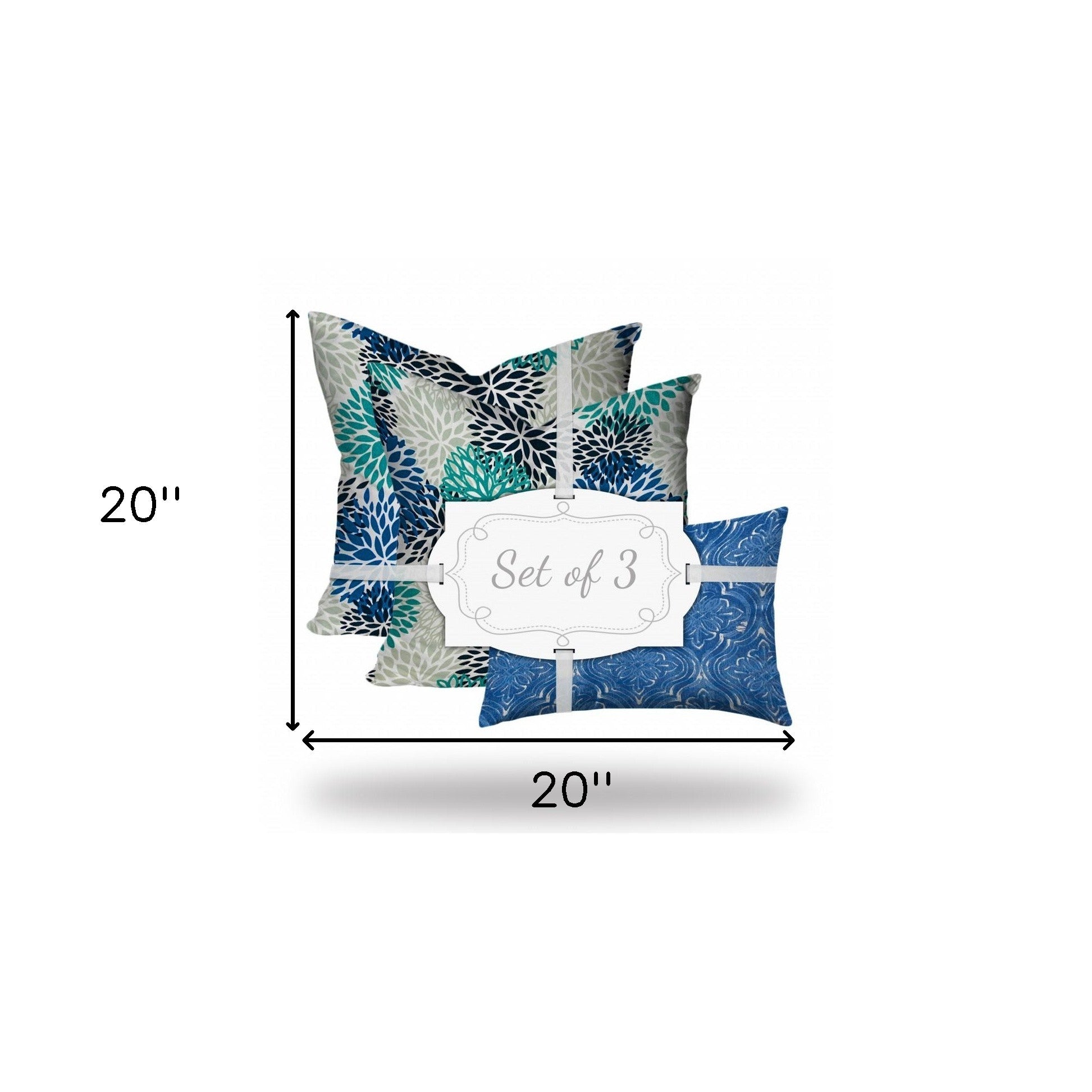 20" X 20" Blue And White Blown Seam Floral Throw Indoor Outdoor Pillow