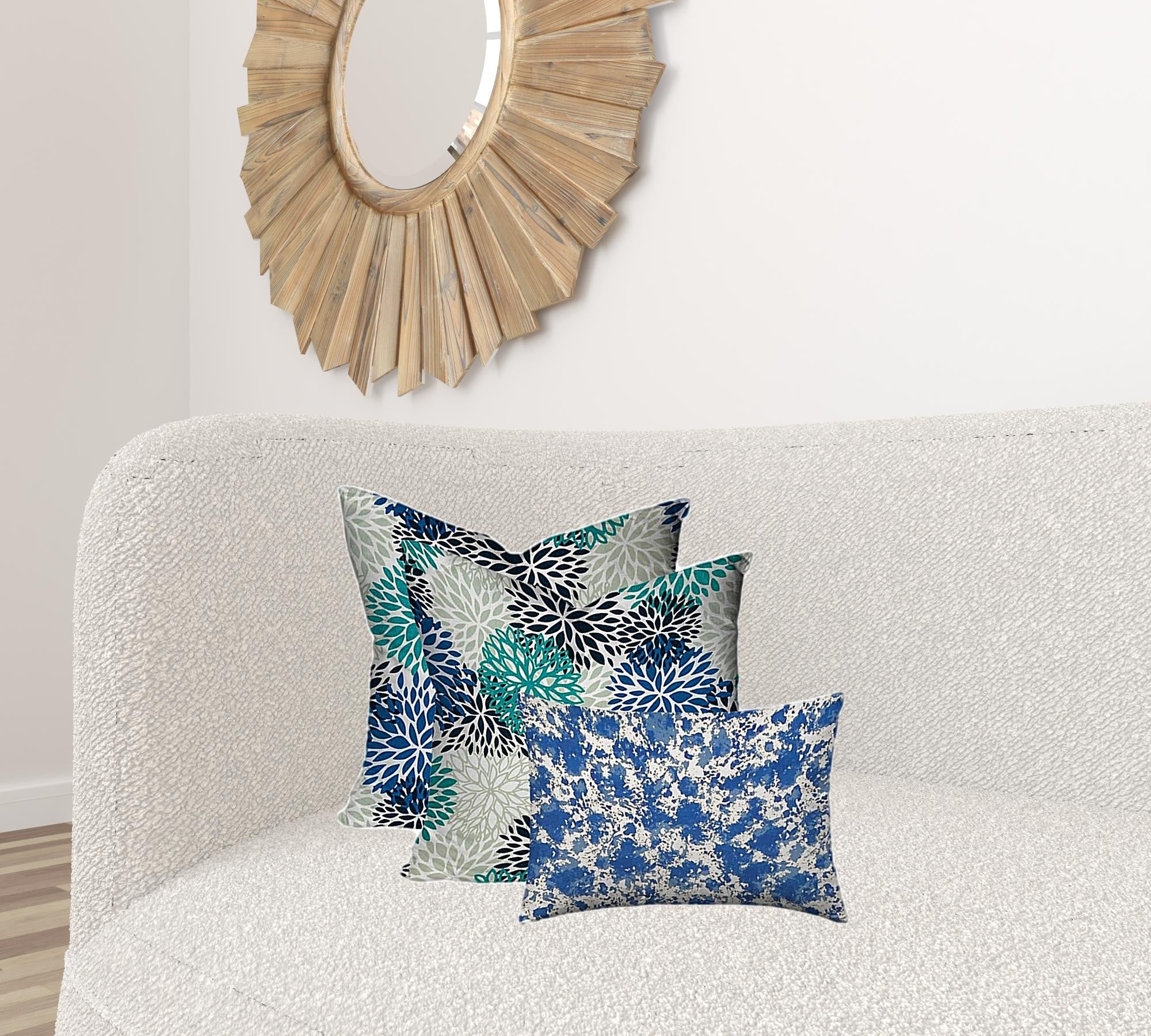 20" X 20" Blue And White Blown Seam Floral Throw Indoor Outdoor Pillow