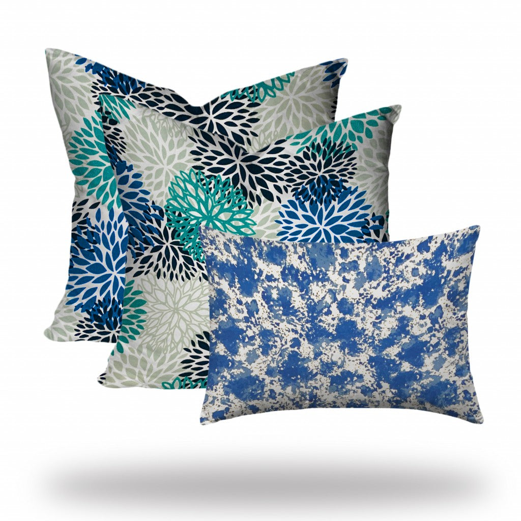 20" X 20" Blue And White Enveloped Floral Throw Indoor Outdoor Pillow Cover