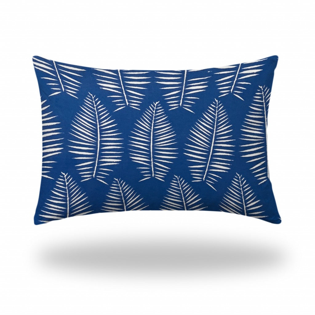 12" X 18" Blue And White Enveloped Tropical Lumbar Indoor Outdoor Pillow