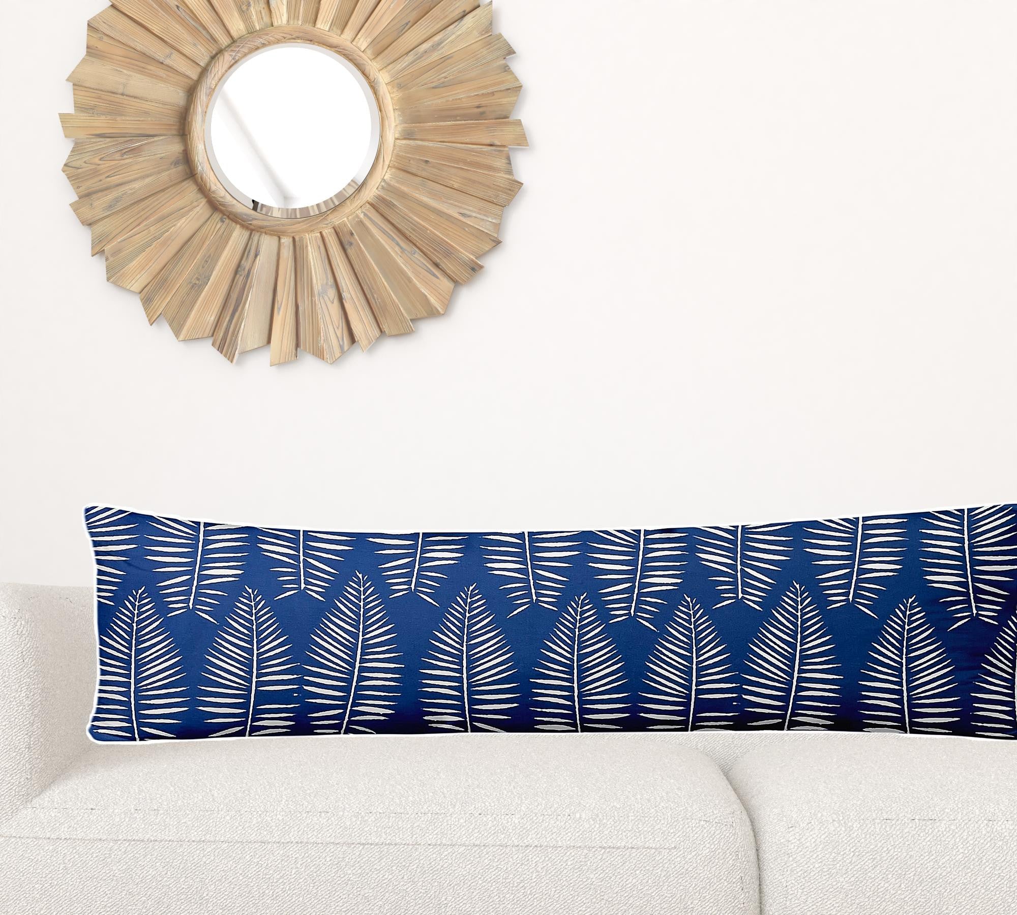 12" X 48" Blue And White Enveloped Tropical Lumbar Indoor Outdoor Pillow Cover