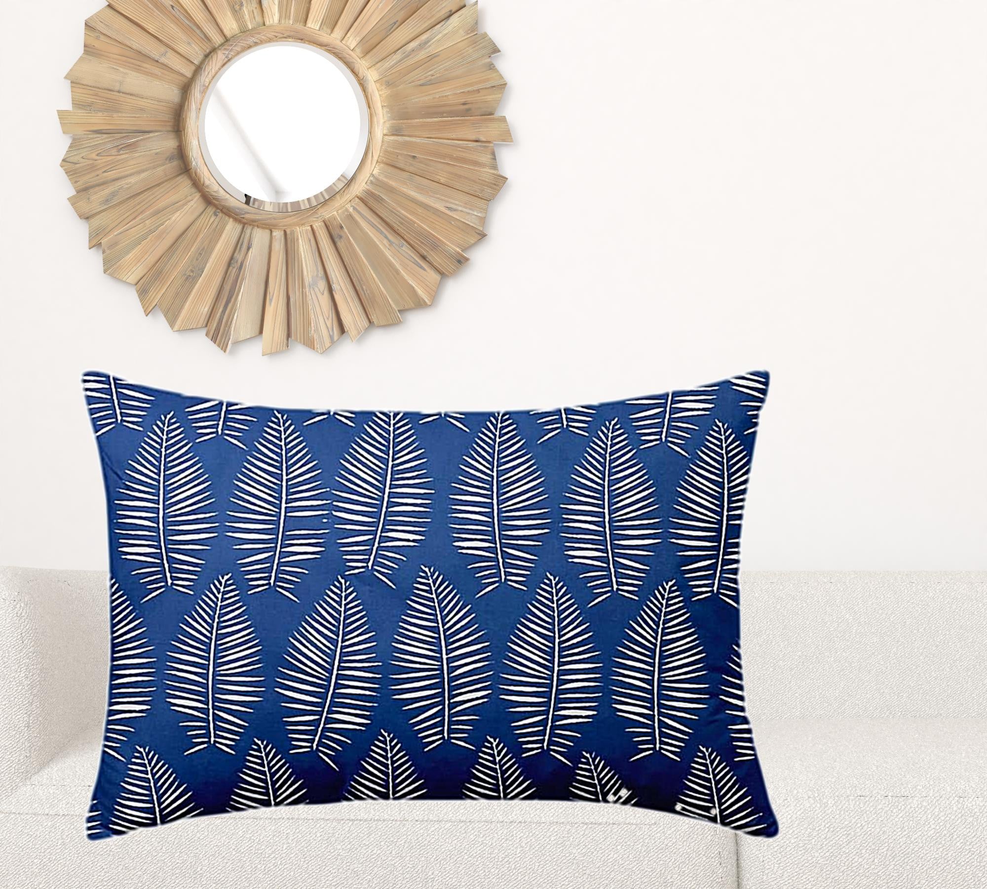 24" X 36" Blue And White Enveloped Tropical Lumbar Indoor Outdoor Pillow Cover