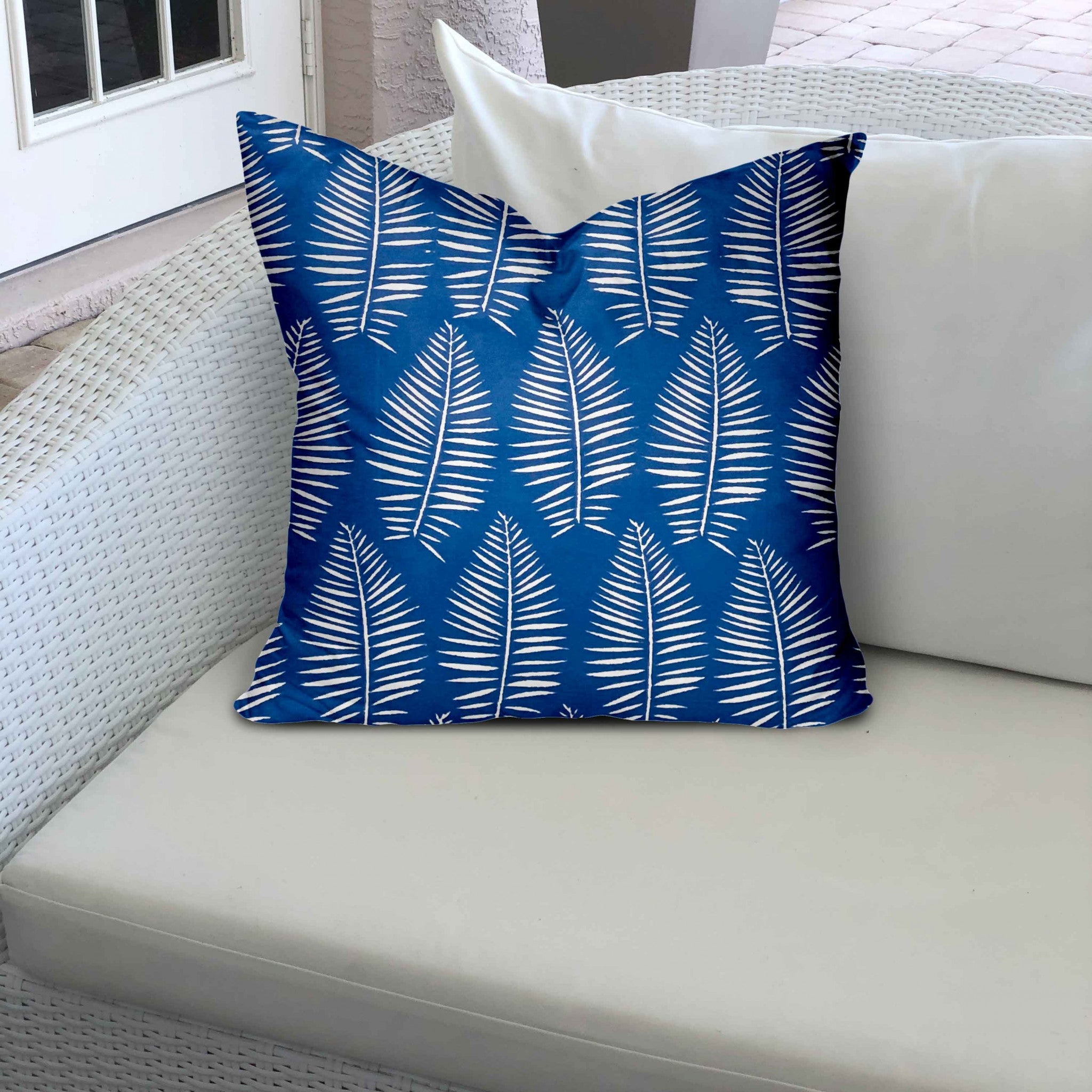 12" X 12" Blue And White Enveloped Tropical Throw Indoor Outdoor Pillow Cover