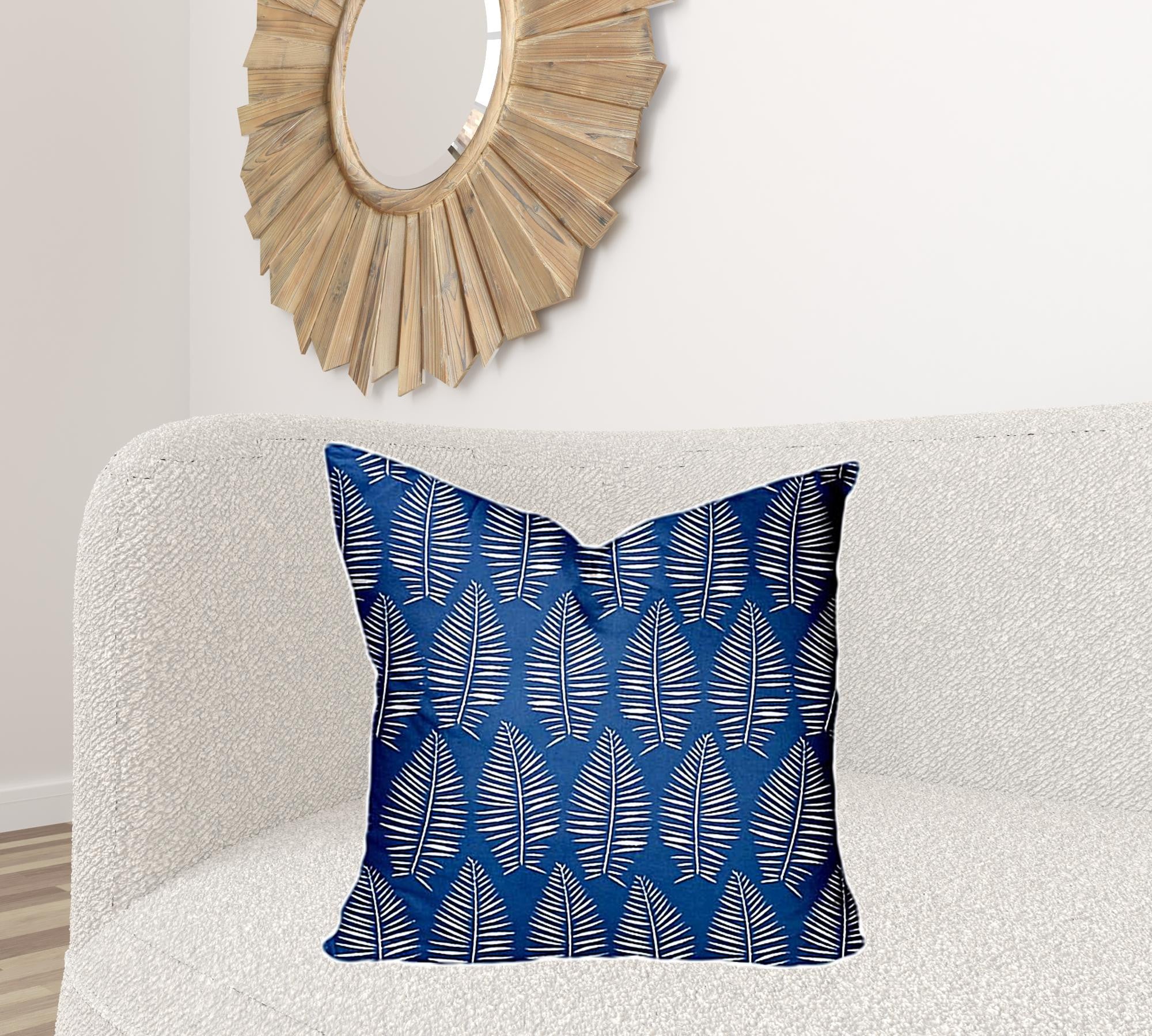 24" X 24" Blue And White Blown Seam Tropical Throw Indoor Outdoor Pillow