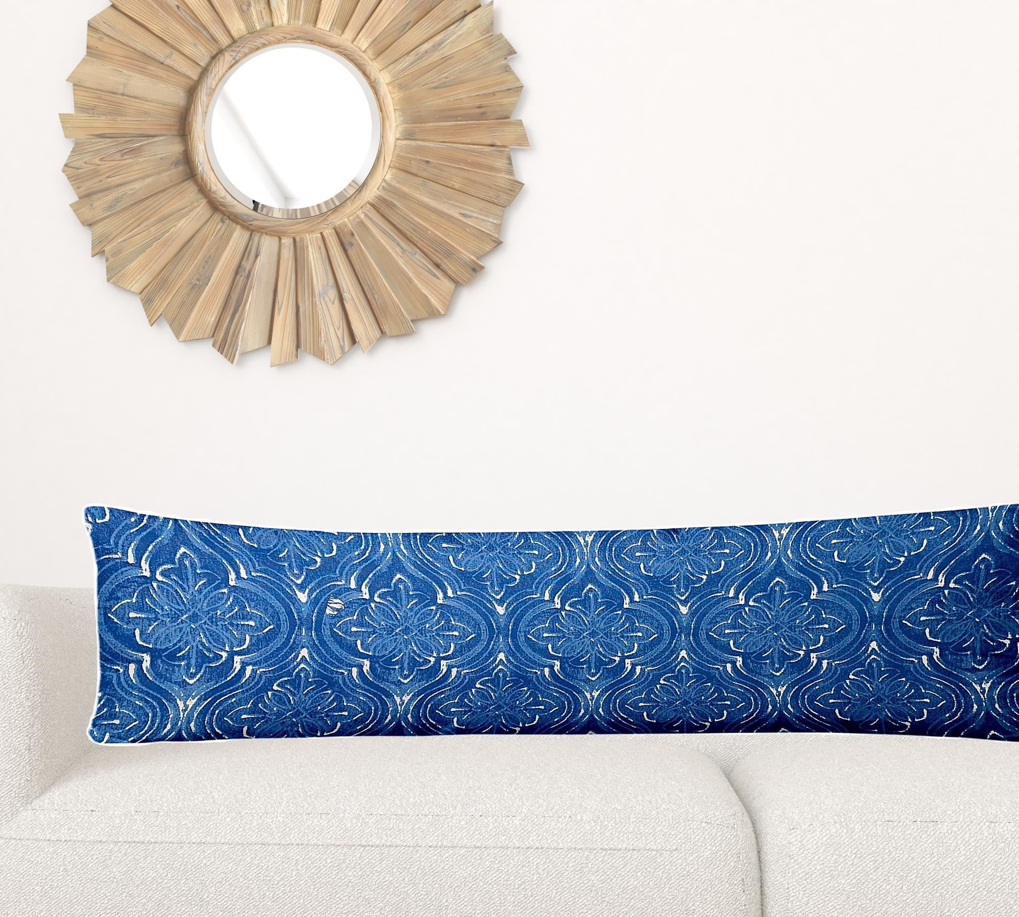 12" X 48" Blue And White Zippered Ikat Lumbar Indoor Outdoor Pillow