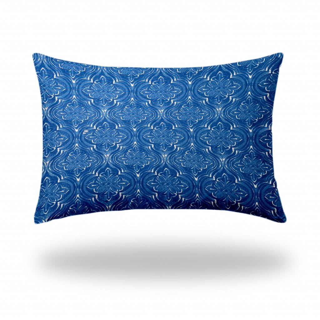 24" X 36" Blue And White Enveloped Ikat Lumbar Indoor Outdoor Pillow Cover