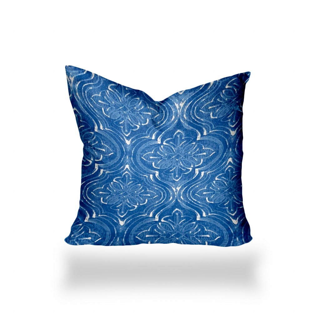 14" X 14" Blue And White Zippered Ikat Throw Indoor Outdoor Pillow