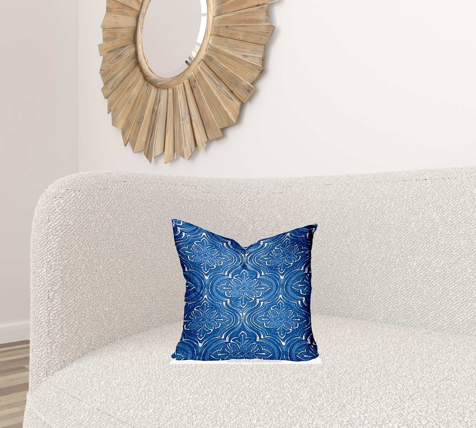 16" X 16" Blue And White Zippered Ikat Throw Indoor Outdoor Pillow Cover