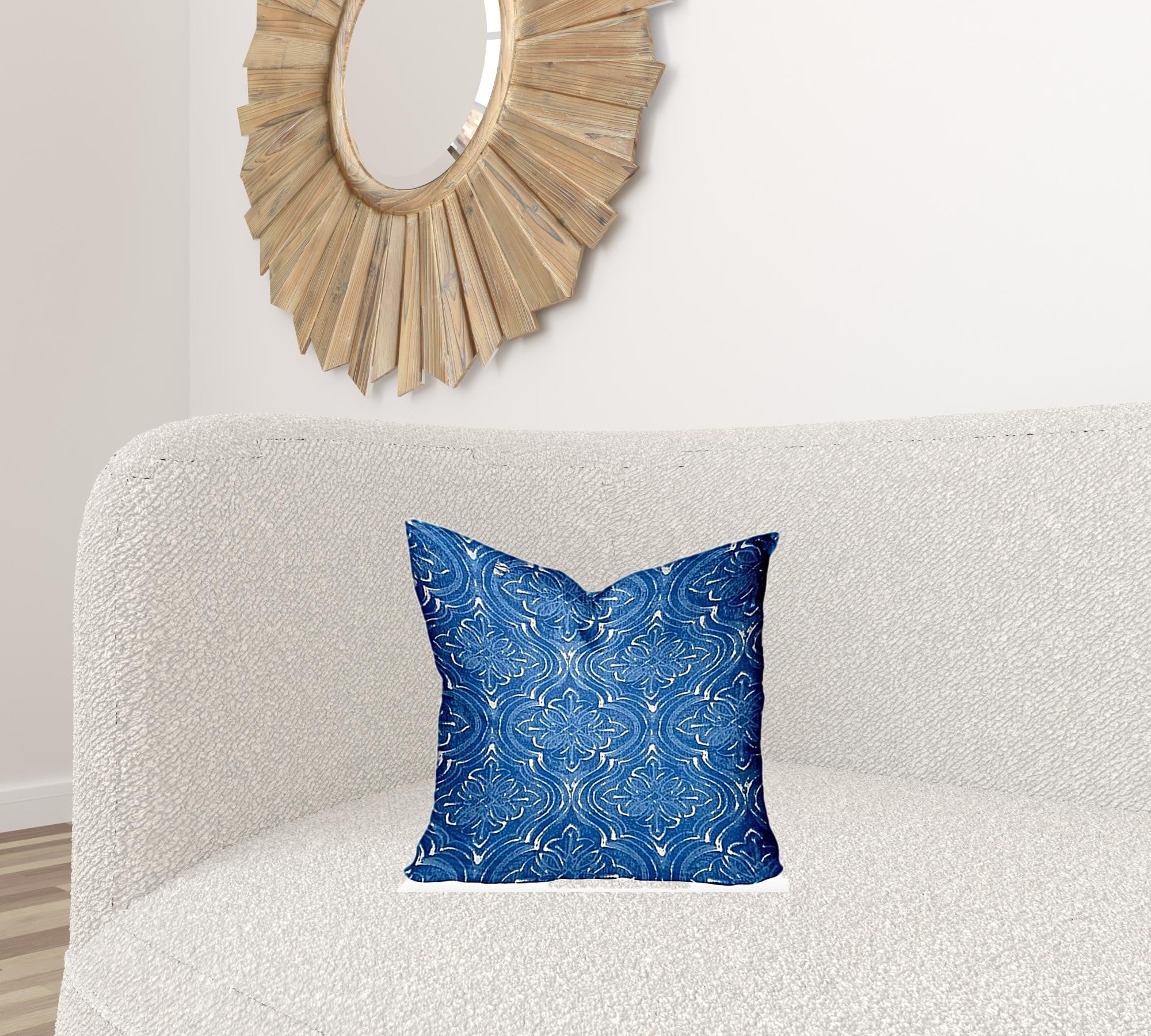 17" X 17" Blue And White Enveloped Ikat Throw Indoor Outdoor Pillow Cover