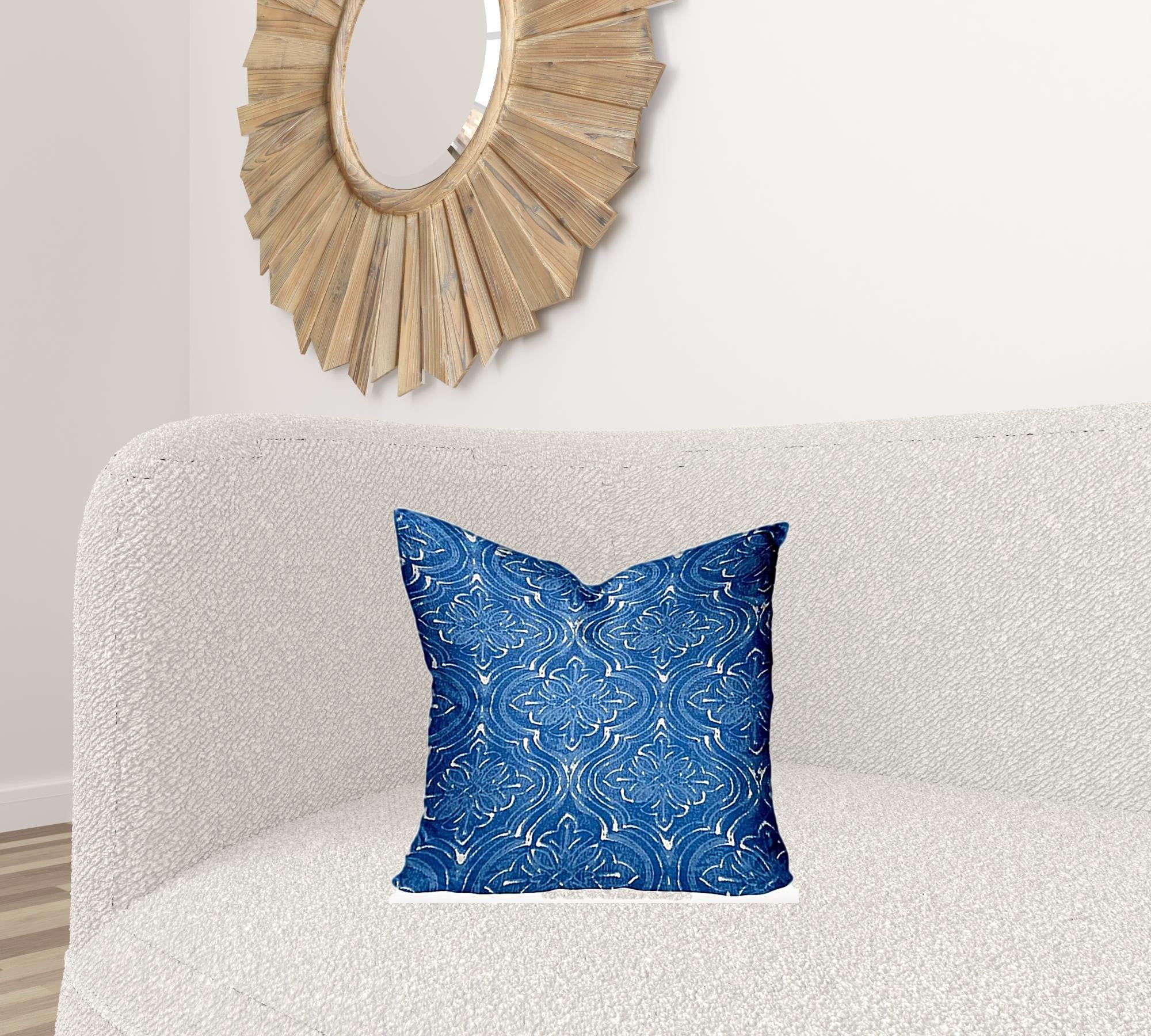 18" X 18" Blue And White Enveloped Ikat Throw Indoor Outdoor Pillow Cover