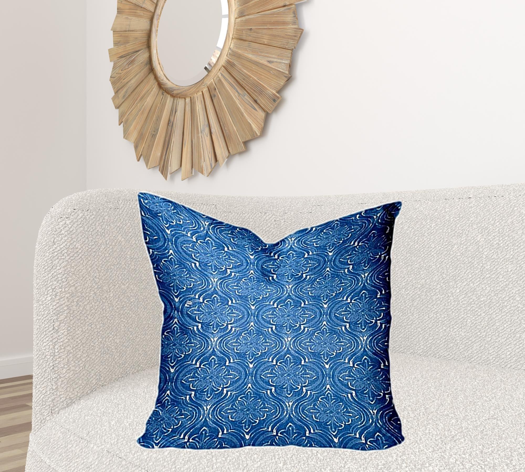 26" X 26" Blue And White Blown Seam Ikat Throw Indoor Outdoor Pillow