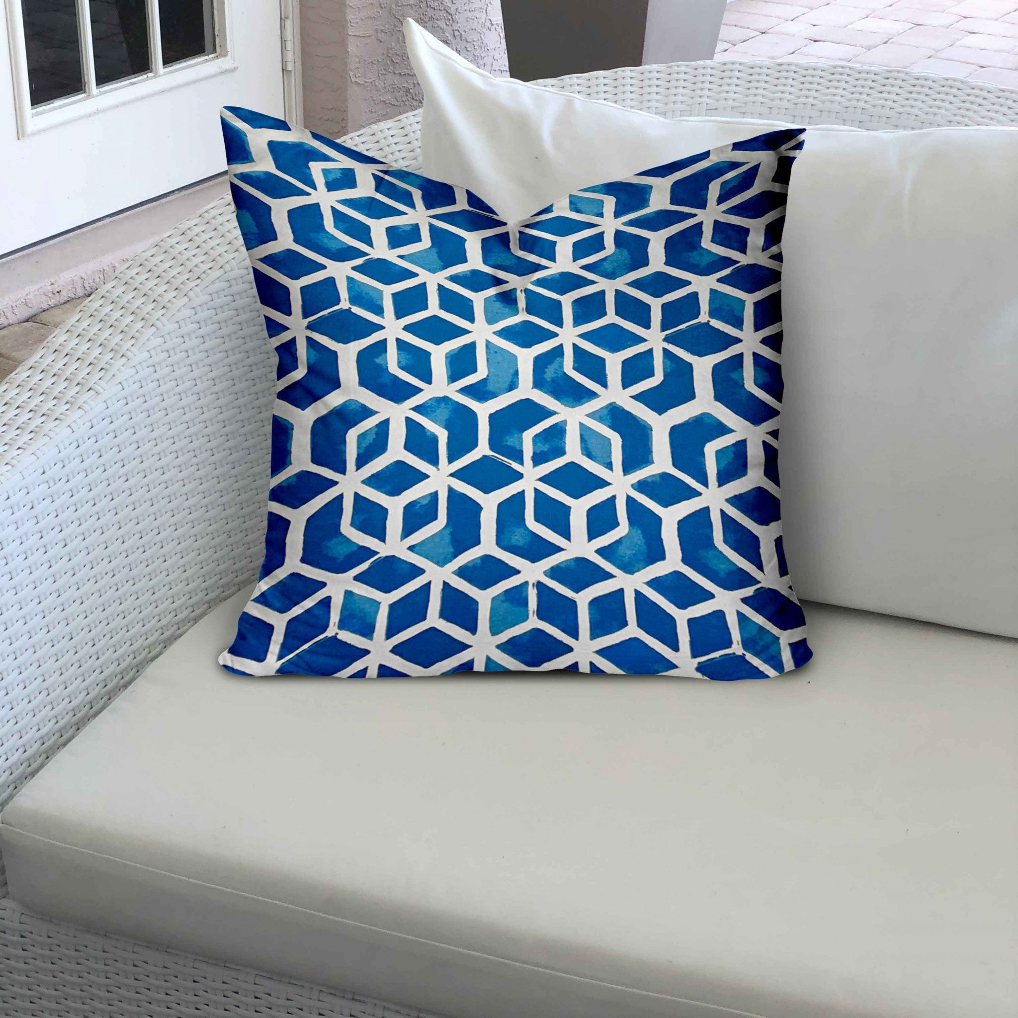 12" X 12" Blue And White Blown Seam Geometric Throw Indoor Outdoor Pillow