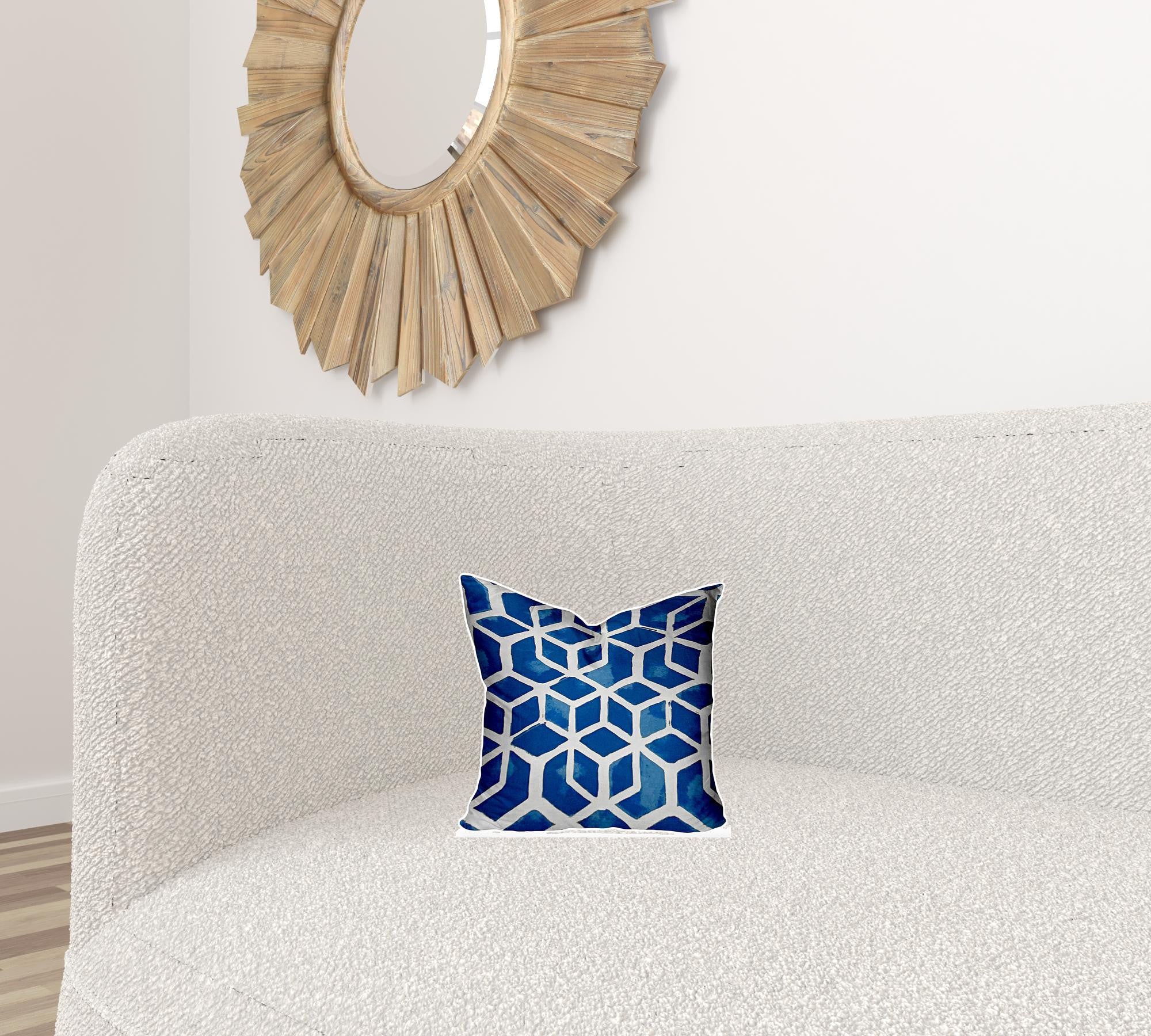 12" X 12" Blue And White Blown Seam Geometric Throw Indoor Outdoor Pillow