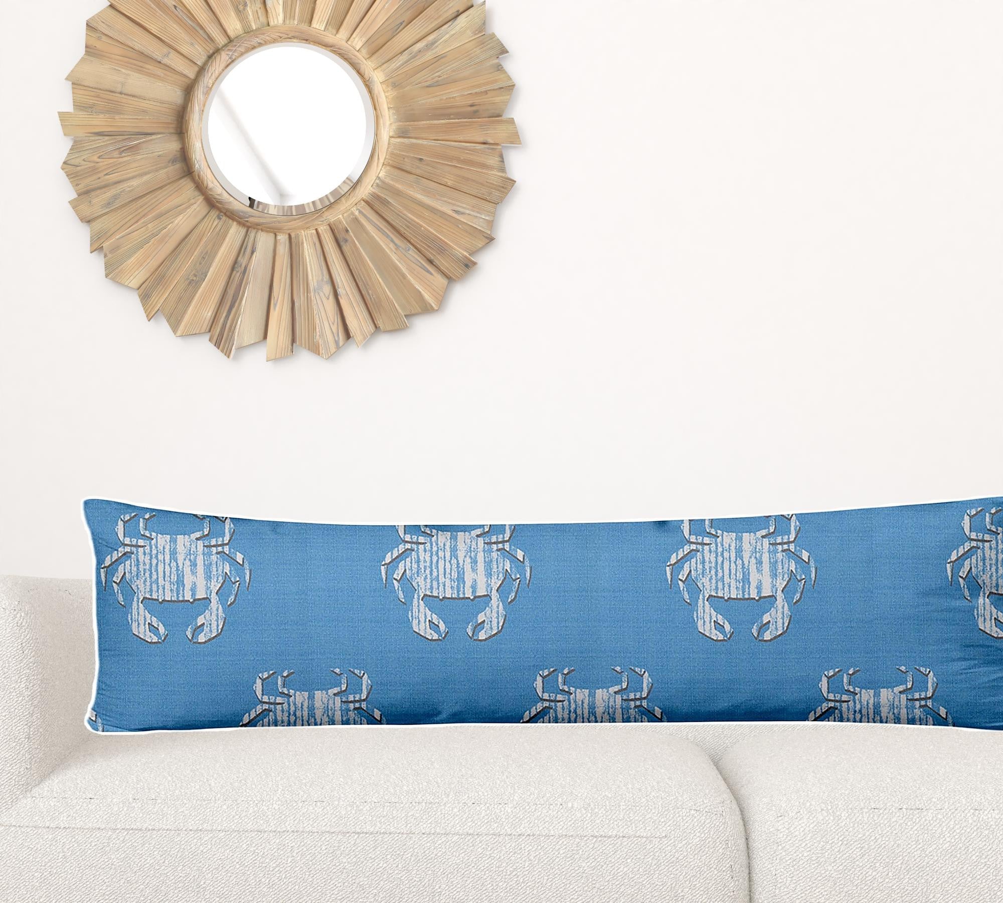 12" X 48" Blue And White Crab Enveloped Lumbar Indoor Outdoor Pillow Cover