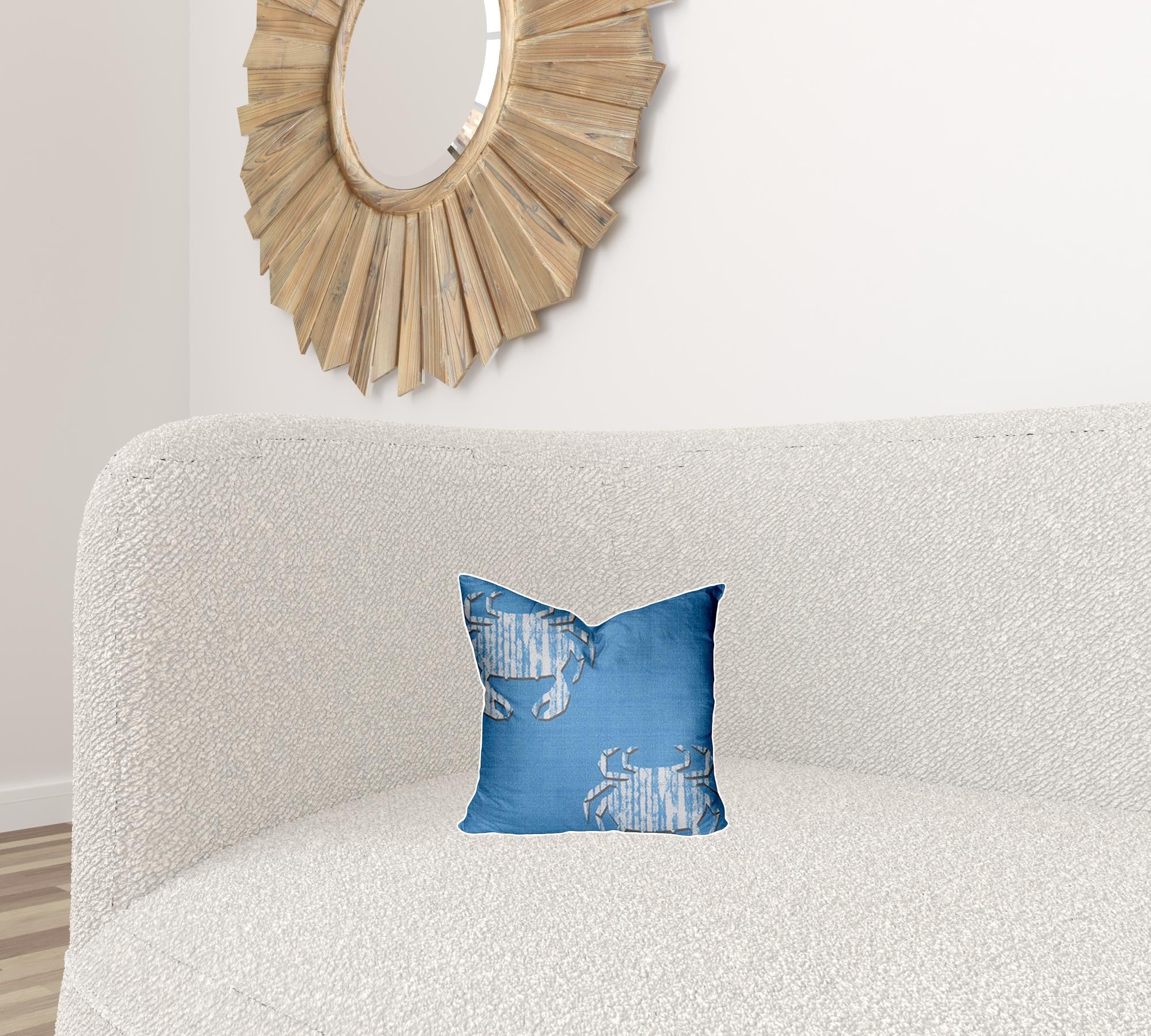 12" X 12" Blue And White Crab Enveloped Throw Indoor Outdoor Pillow Cover