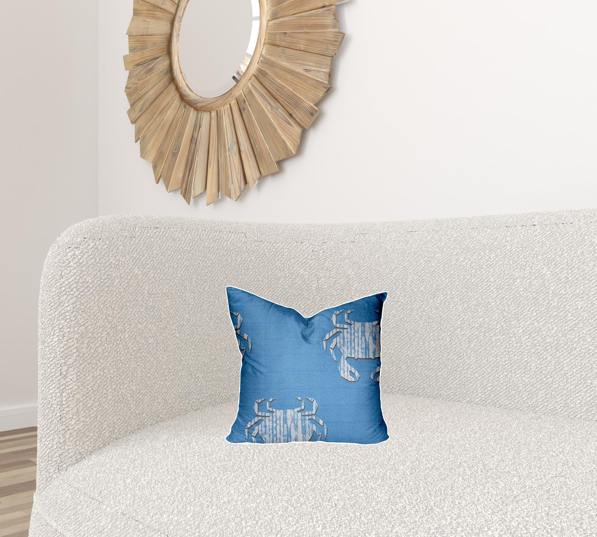 14" X 14" Blue And White Crab Blown Seam Coastal Throw Indoor Outdoor Pillow