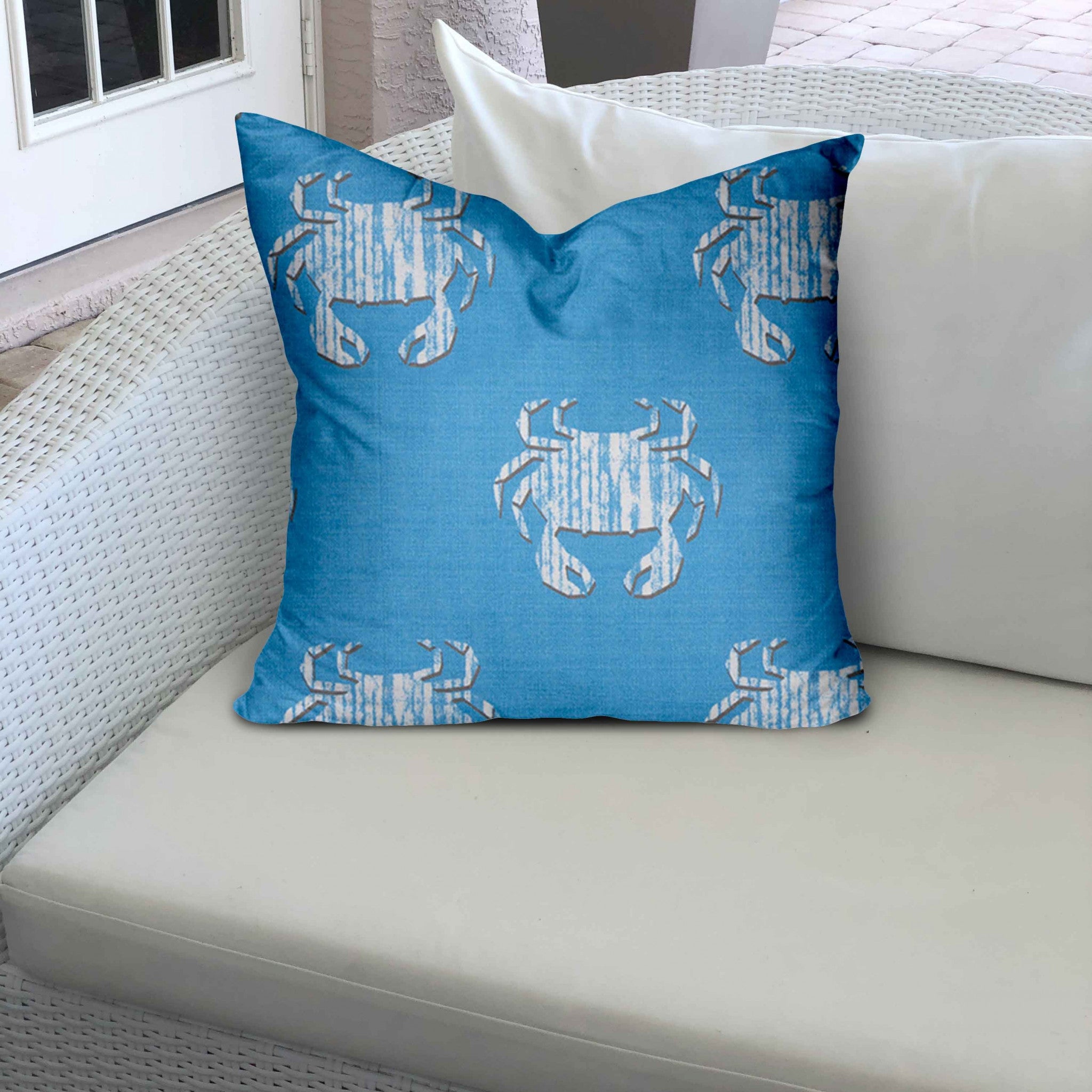 17" X 17" Blue And White Crab Enveloped Coastal Throw Indoor Outdoor Pillow Cover