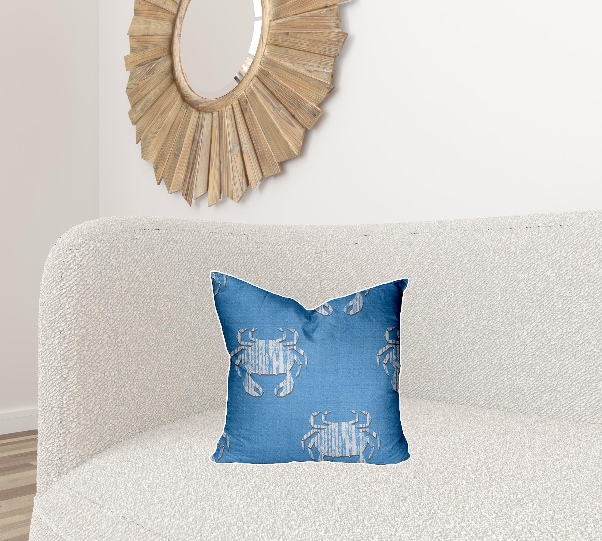 17" X 17" Blue And White Crab Enveloped Coastal Throw Indoor Outdoor Pillow Cover