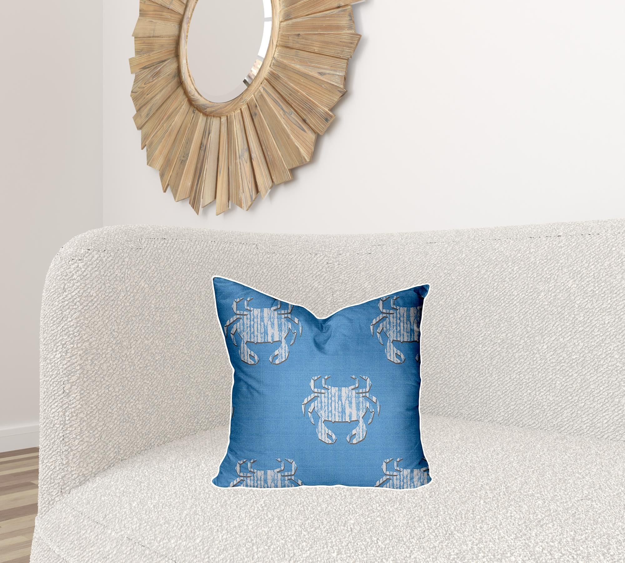 18" X 18" Blue And White Crab Enveloped Coastal Throw Indoor Outdoor Pillow Cover