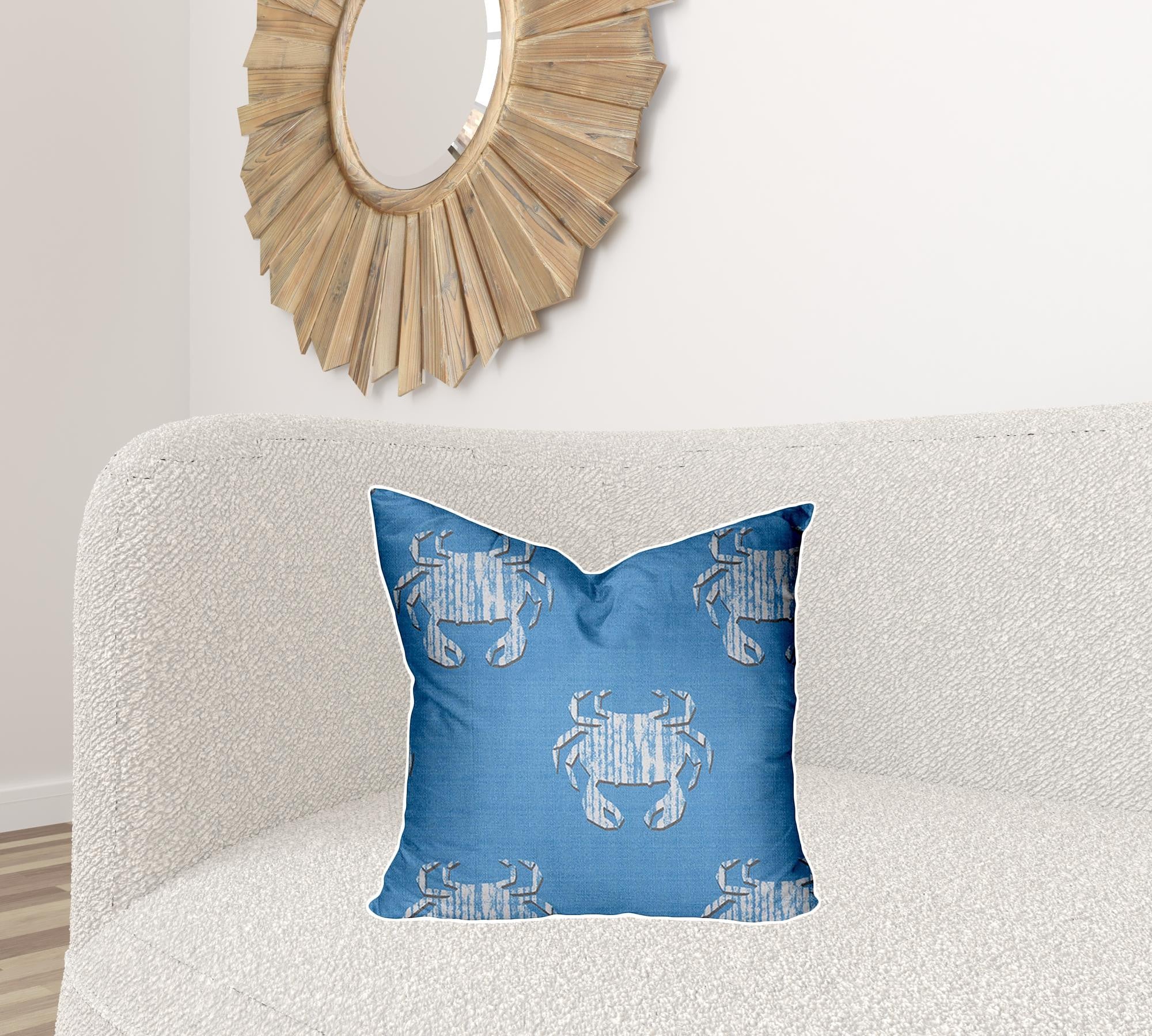 20" X 20" Blue And White Crab Zippered Coastal Throw Indoor Outdoor Pillow Cover