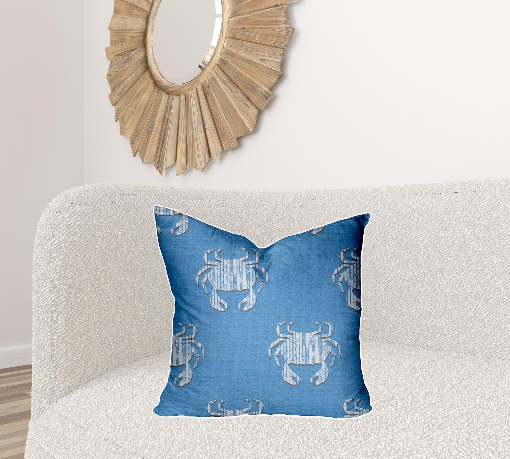 22" X 22" Blue And White Crab Enveloped Coastal Throw Indoor Outdoor Pillow Cover