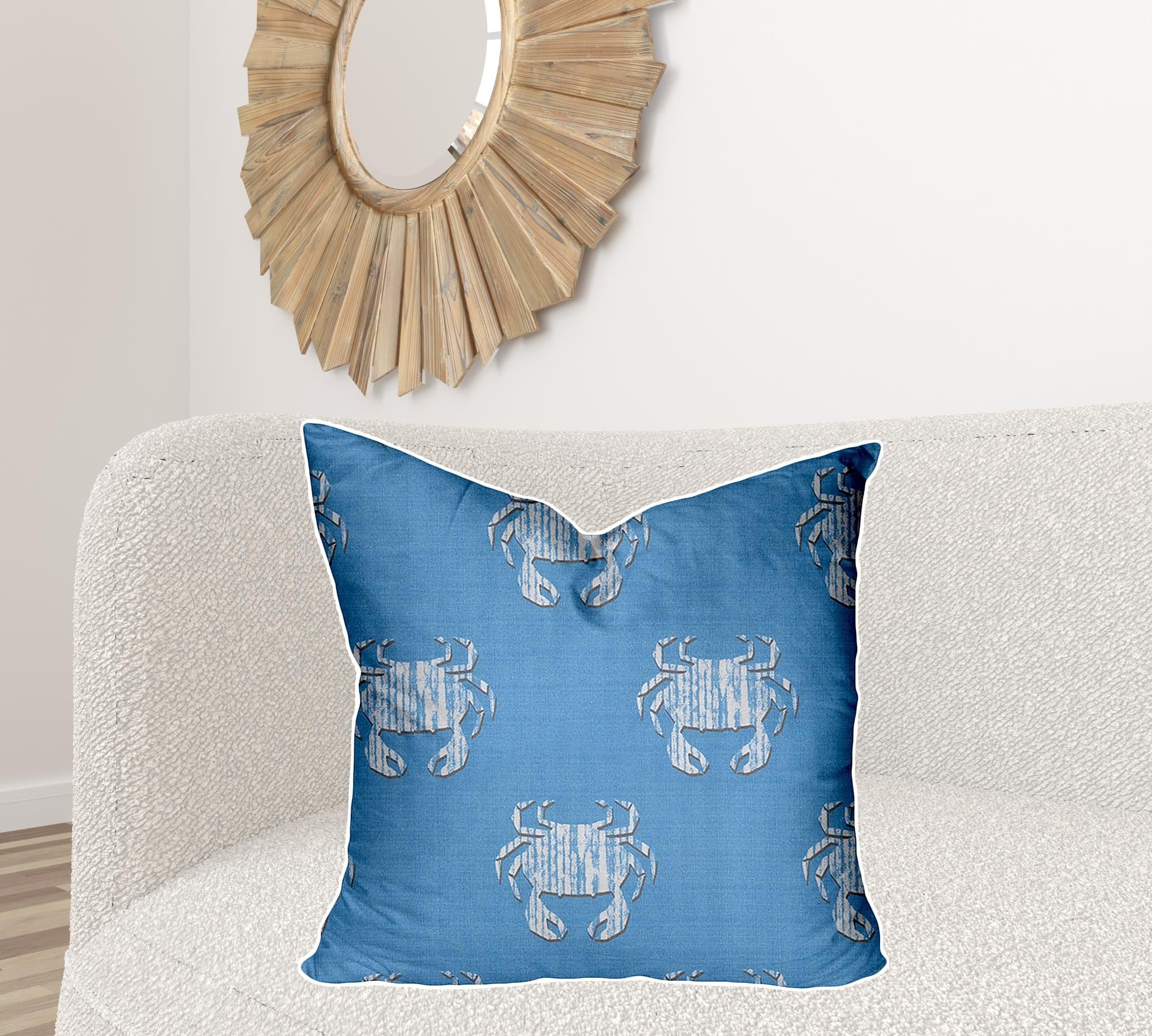 26" X 26" Blue And White Crab Enveloped Coastal Throw Indoor Outdoor Pillow Cover