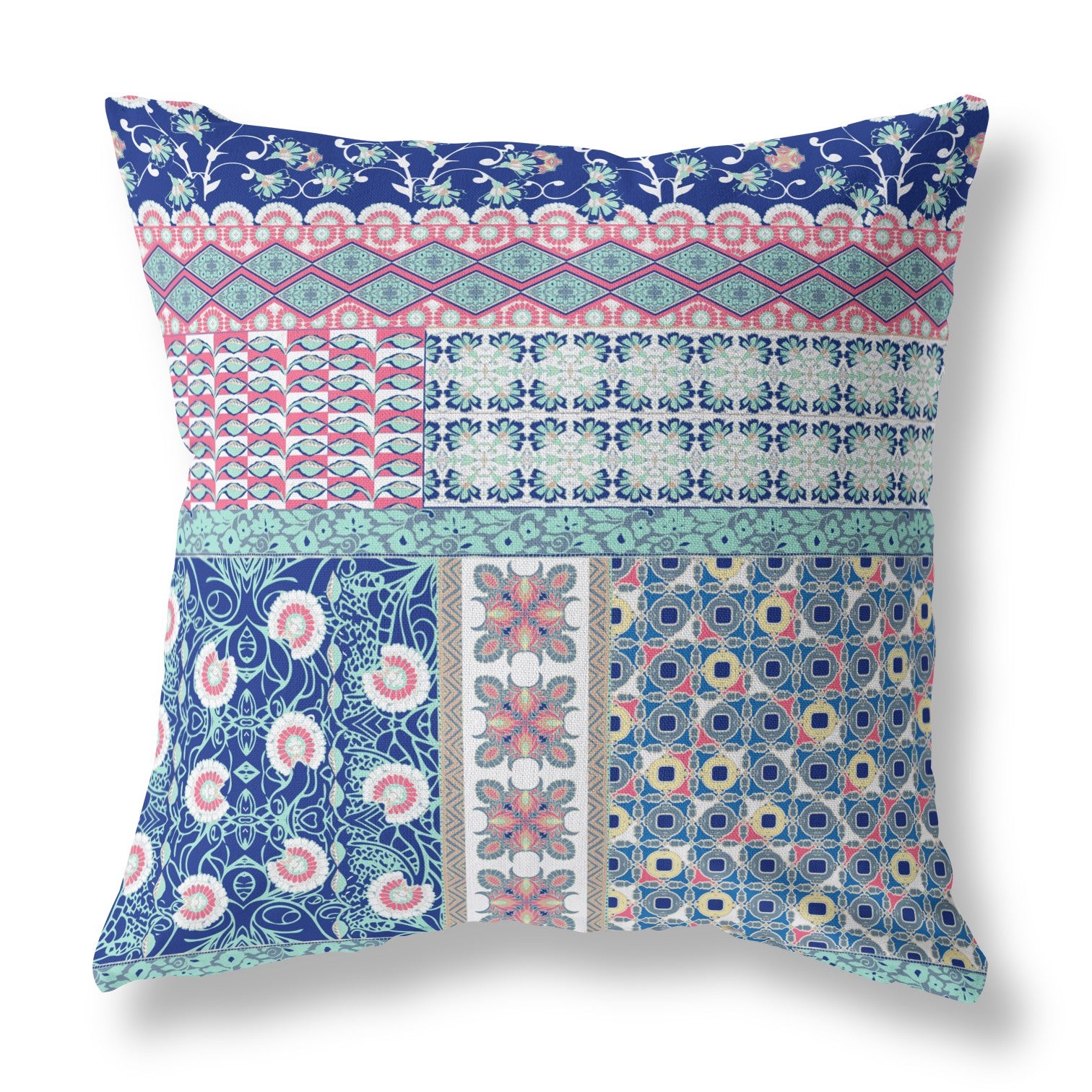 18” Blue Pink Patch Indoor Outdoor Zippered Throw Pillow