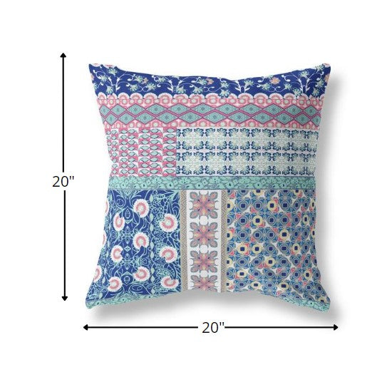 18” Blue Pink Patch Indoor Outdoor Zippered Throw Pillow