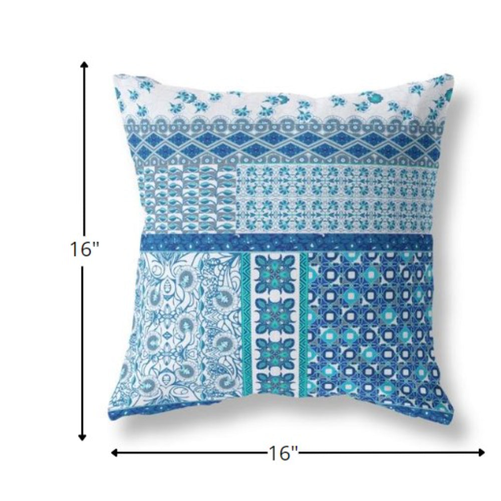 16” Blue White Patch Indoor Outdoor Zippered Throw Pillow