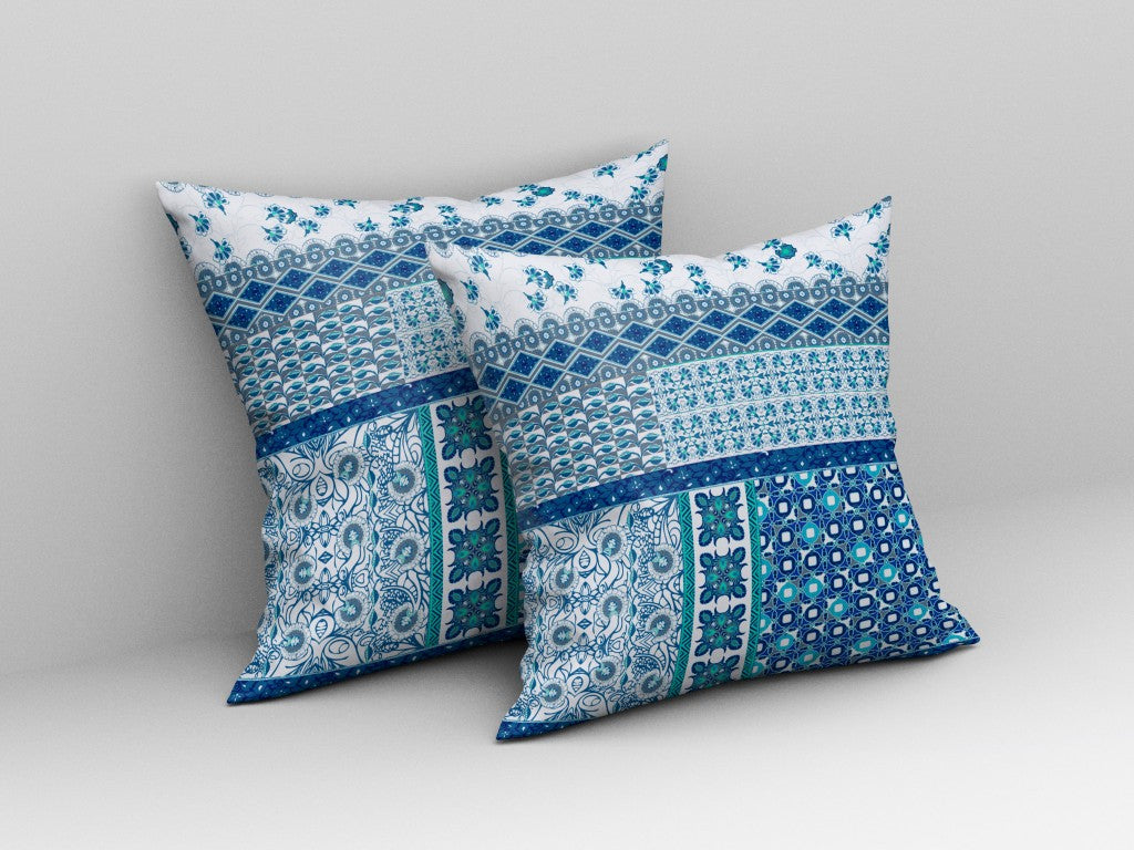 18” Blue White Patch Indoor Outdoor Zippered Throw Pillow