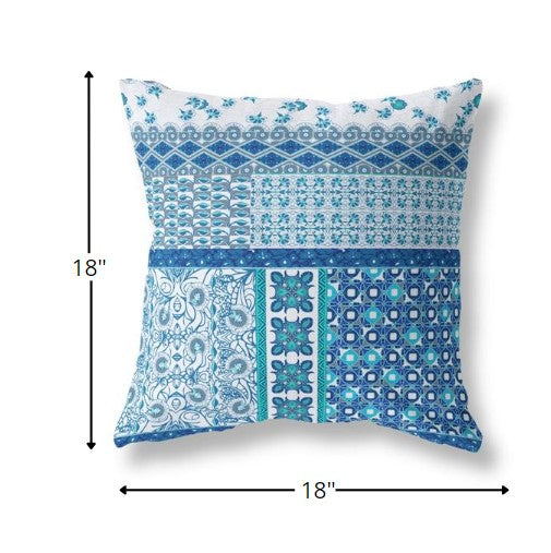 18” Blue White Patch Indoor Outdoor Zippered Throw Pillow