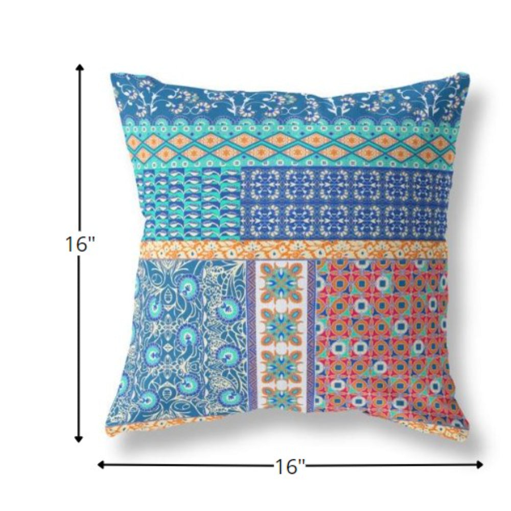 16” Blue Orange Patch Indoor Outdoor Zippered Throw Pillow