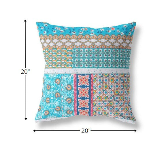 18” Turquoise White Patch Indoor Outdoor Zippered Throw Pillow