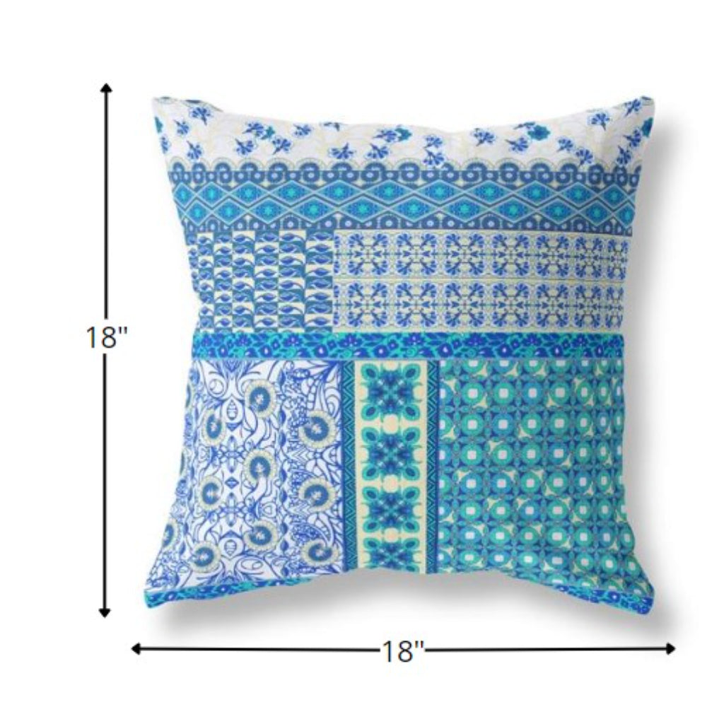 18” Turquoise Blue Patch Indoor Outdoor Zippered Throw Pillow