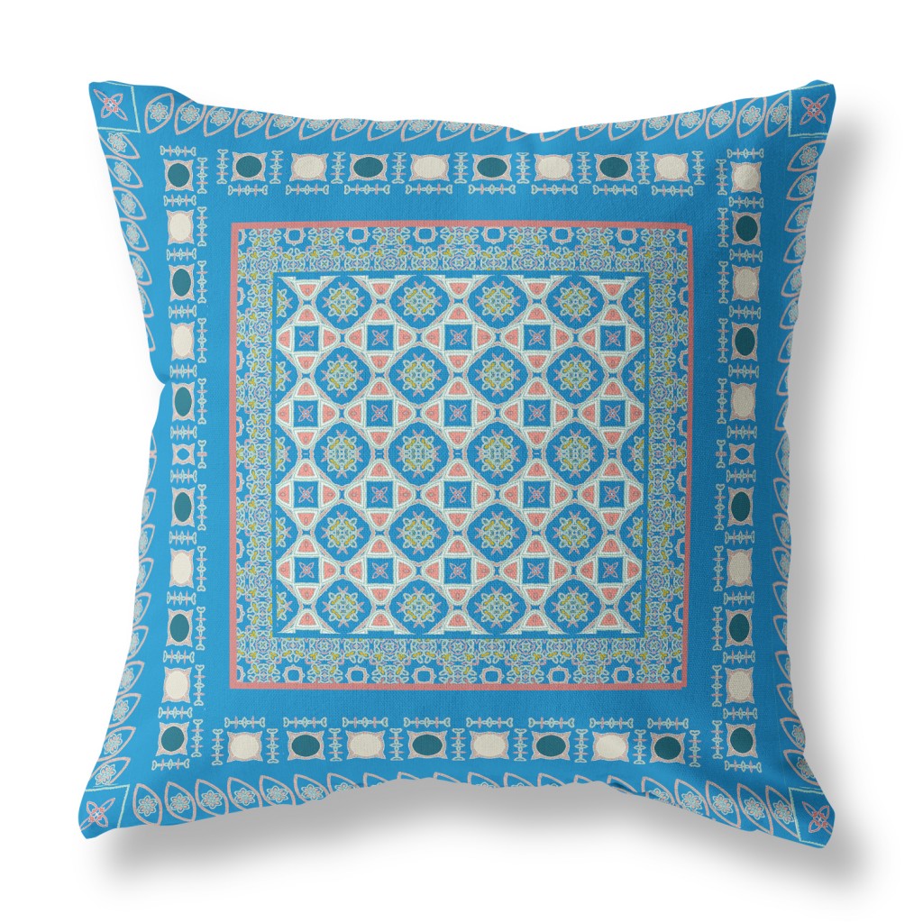 18” Blue Pink Block Indoor Outdoor Zippered Throw Pillow