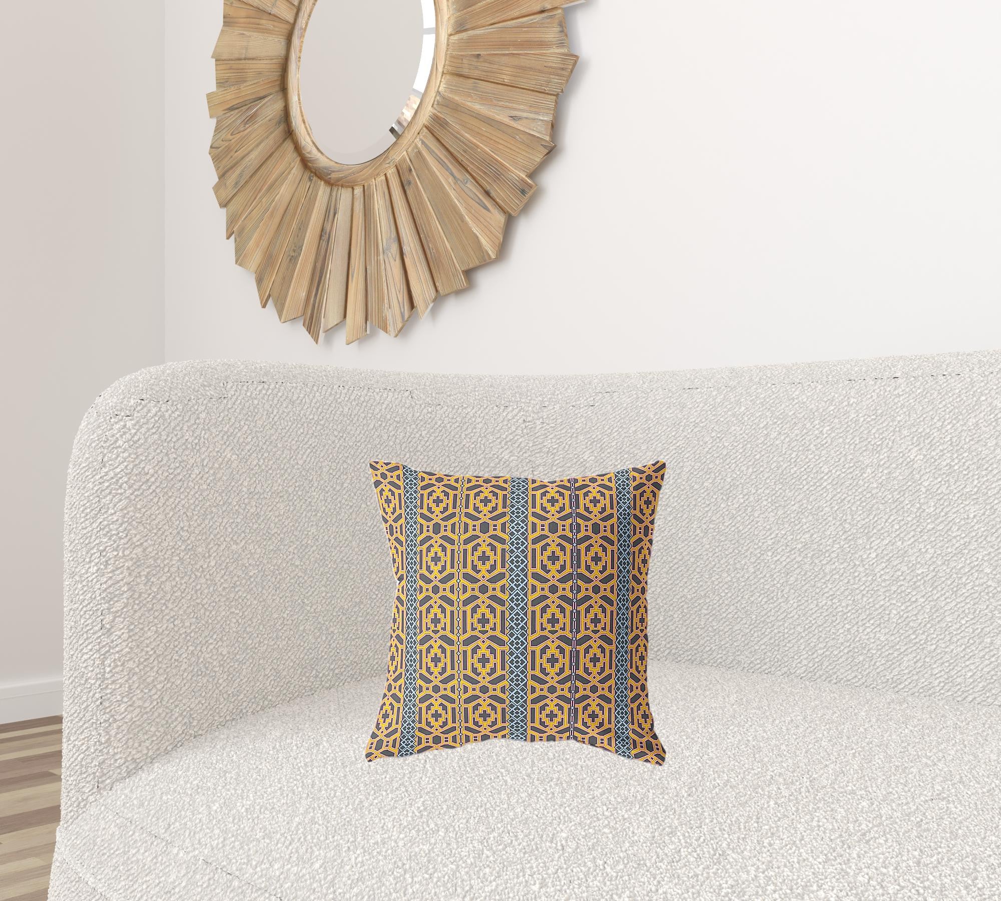 16" X 16" Brown And Yellow Zippered Trellis Indoor Outdoor Throw Pillow